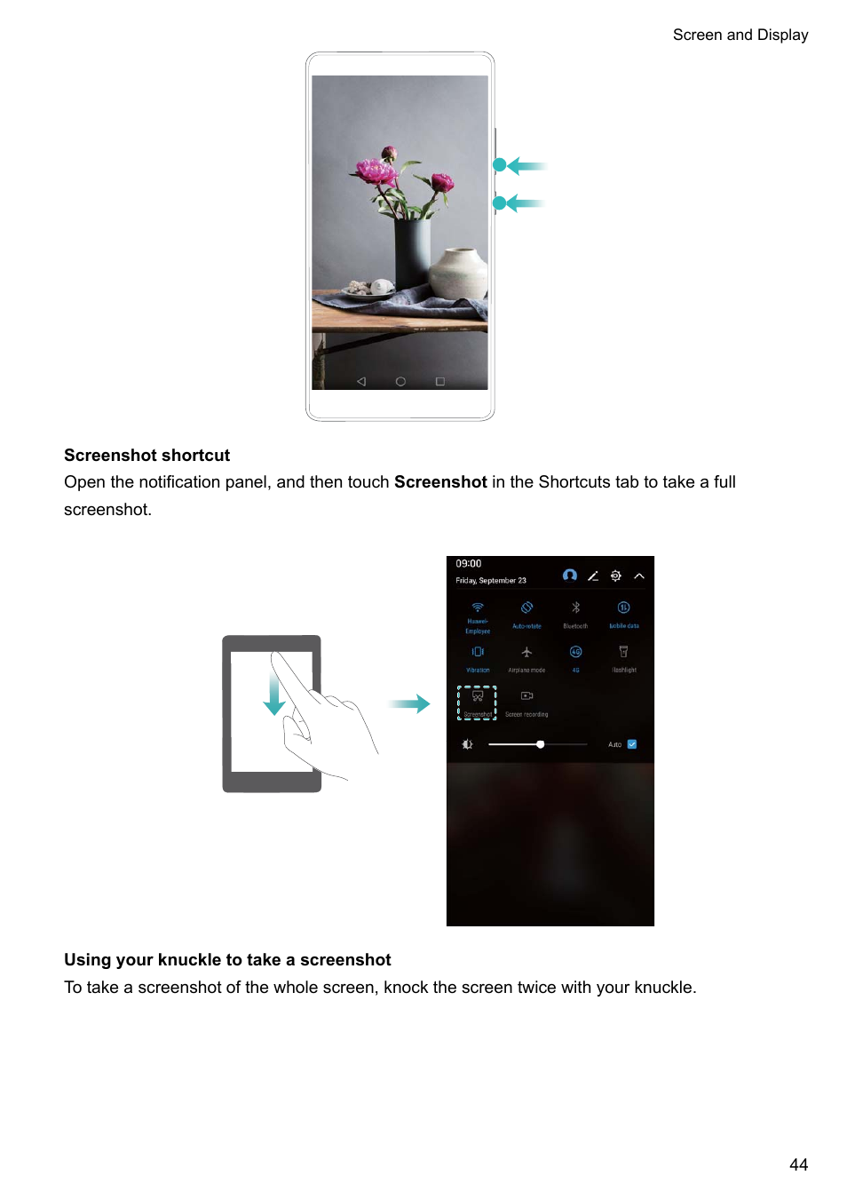 Screenshot shortcut, Using your knuckle to take a screenshot | Huawei Mate 9 User Manual | Page 50 / 205