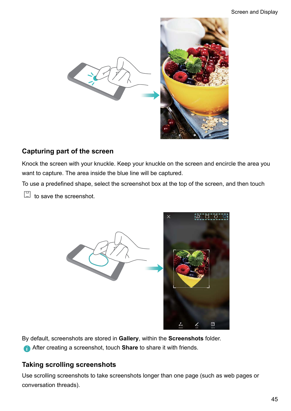 Capturing part of the screen, Taking scrolling screenshots | Huawei Mate 9 User Manual | Page 51 / 205
