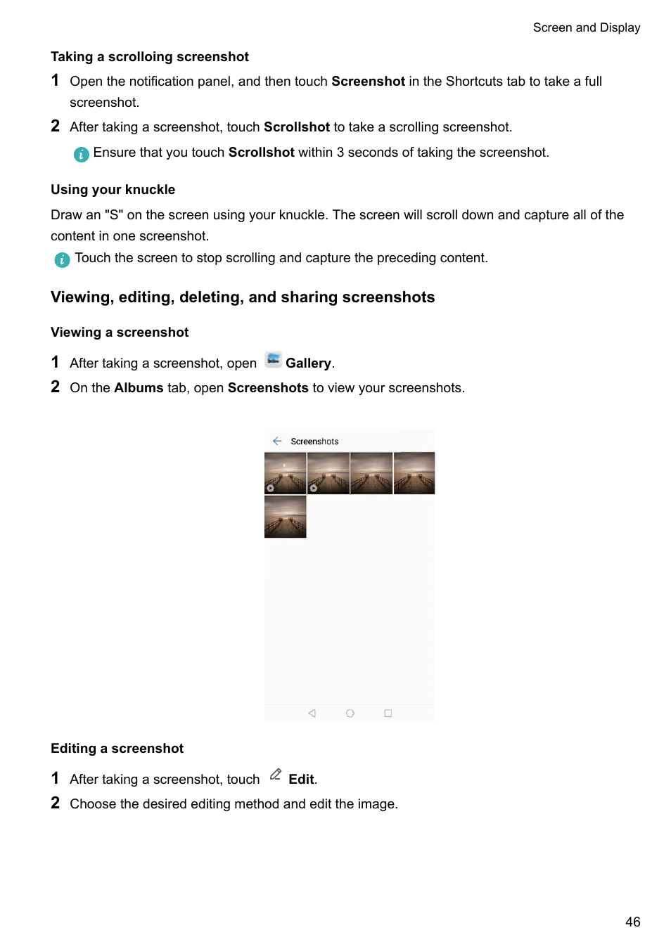 Taking a scrolloing screenshot, Using your knuckle, Viewing a screenshot | Editing a screenshot | Huawei Mate 9 User Manual | Page 52 / 205