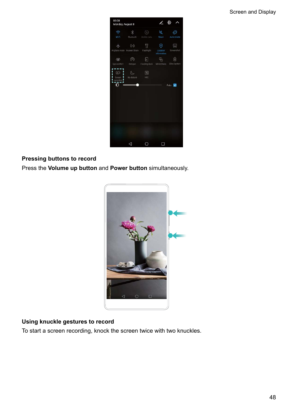 Pressing buttons to record, Using knuckle gestures to record | Huawei Mate 9 User Manual | Page 54 / 205