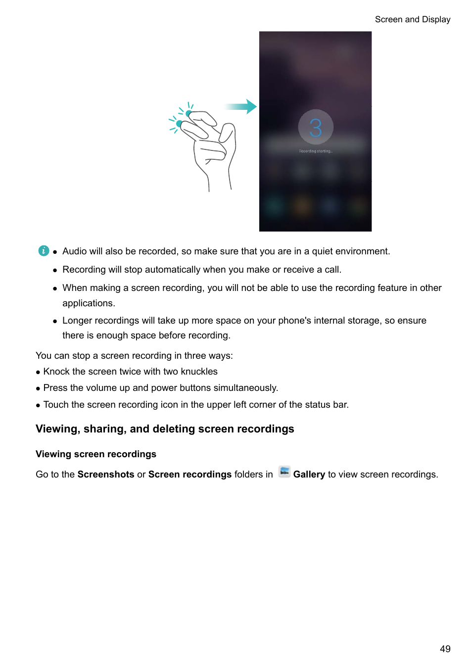 Viewing, sharing, and deleting screen recordings, Viewing screen recordings | Huawei Mate 9 User Manual | Page 55 / 205