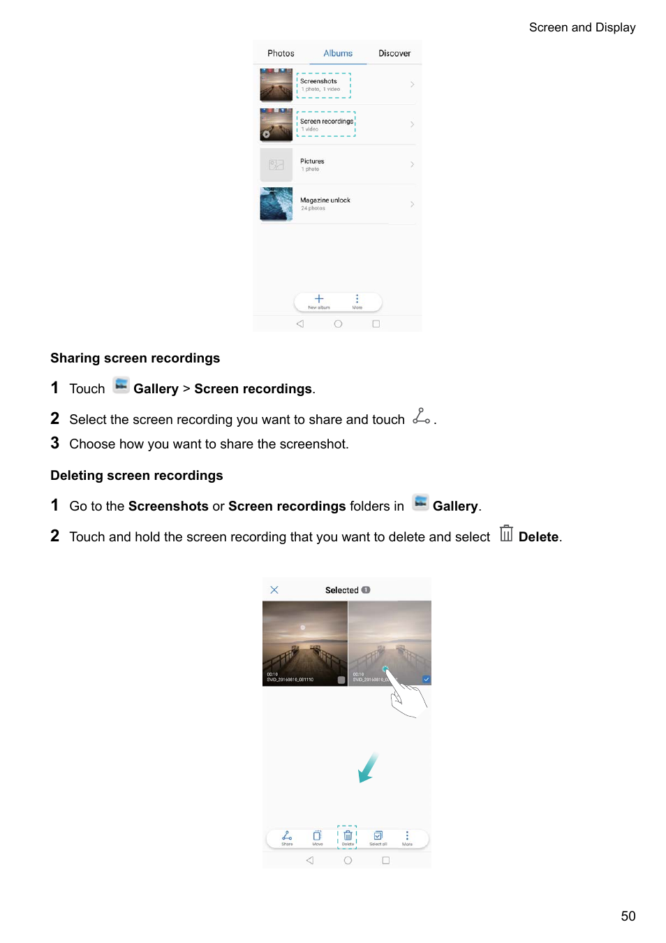 Sharing screen recordings, Deleting screen recordings | Huawei Mate 9 User Manual | Page 56 / 205