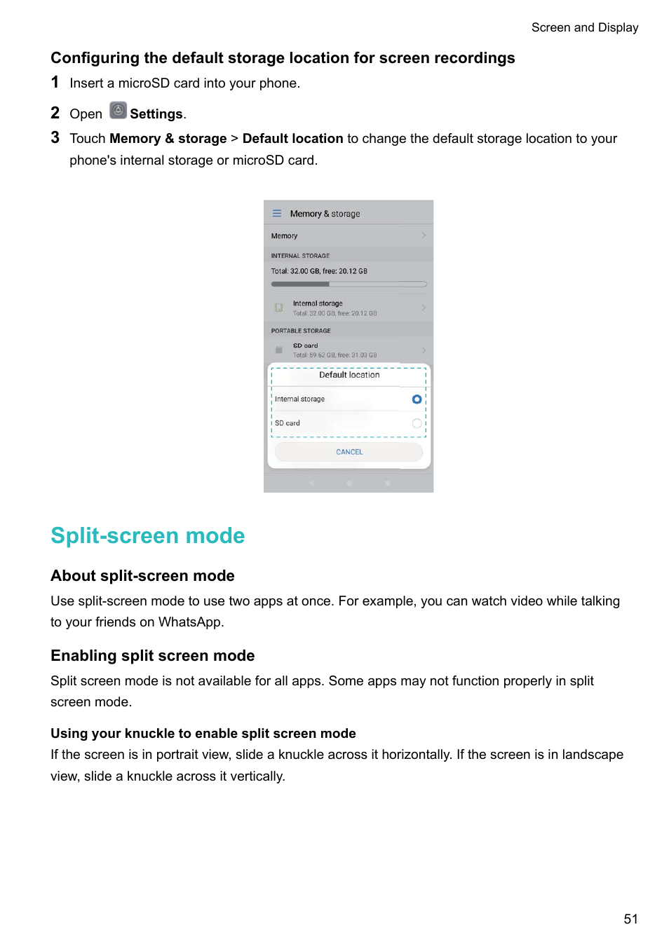 Split-screen mode, About split-screen mode, Enabling split screen mode | Using your knuckle to enable split screen mode | Huawei Mate 9 User Manual | Page 57 / 205