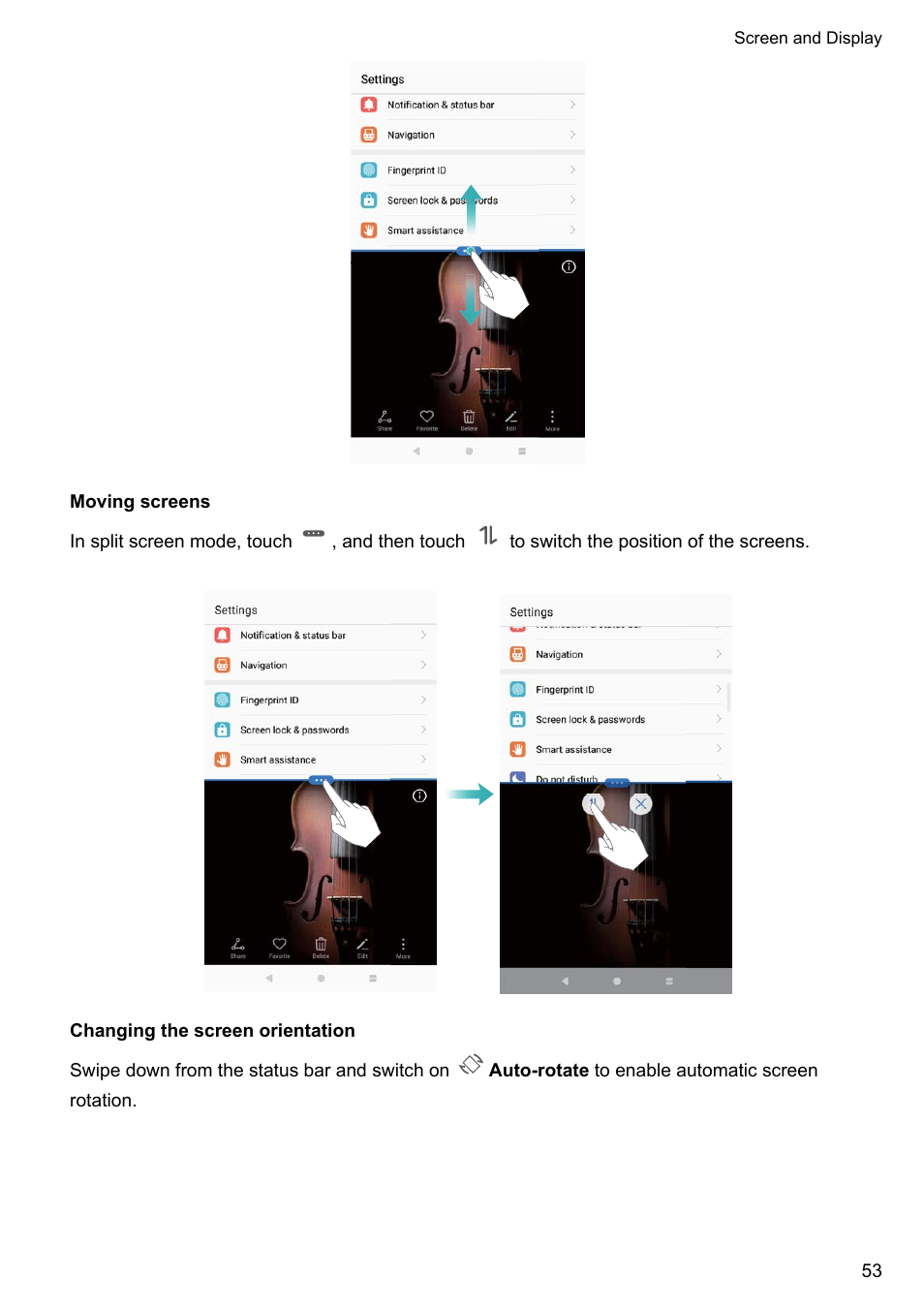 Moving screens, Changing the screen orientation | Huawei Mate 9 User Manual | Page 59 / 205