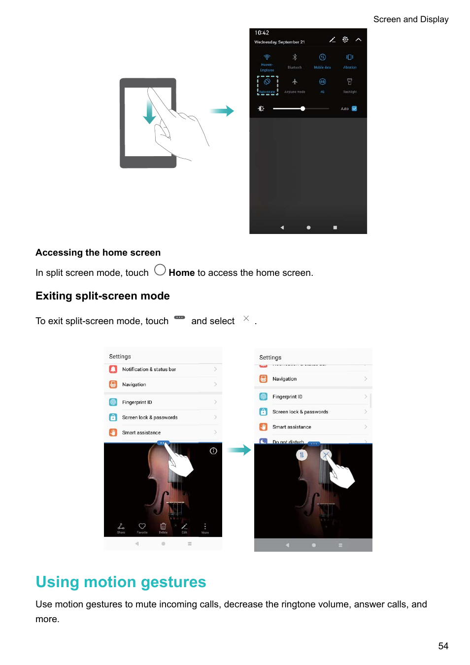 Accessing the home screen, Exiting split-screen mode, Using motion gestures | Huawei Mate 9 User Manual | Page 60 / 205