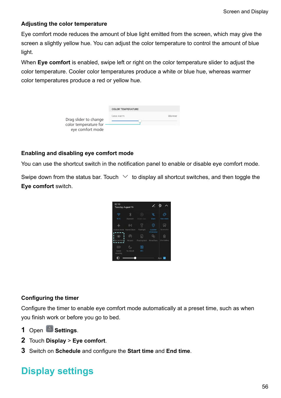 Adjusting the color temperature, Enabling and disabling eye comfort mode, Configuring the timer | Display settings | Huawei Mate 9 User Manual | Page 62 / 205