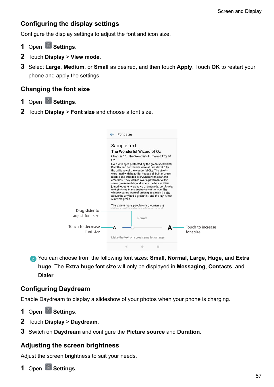 Configuring the display settings, Changing the font size, Configuring daydream | Adjusting the screen brightness | Huawei Mate 9 User Manual | Page 63 / 205