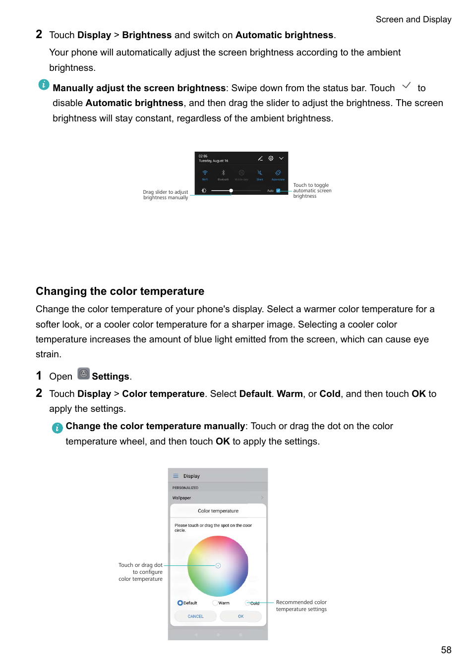 Changing the color temperature | Huawei Mate 9 User Manual | Page 64 / 205