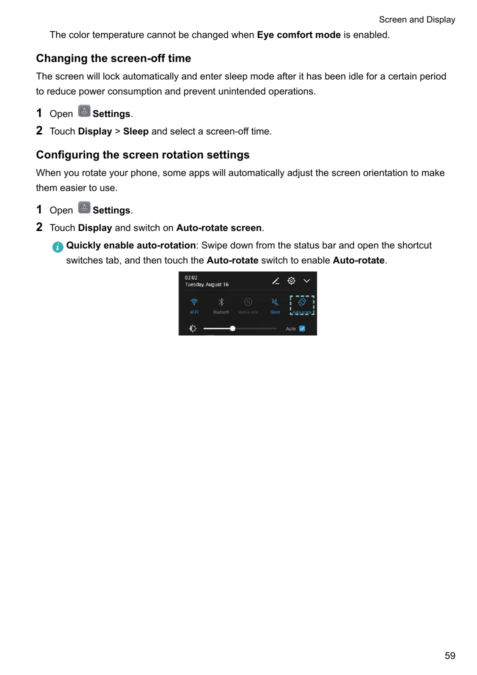 Changing the screen-off time, Configuring the screen rotation settings | Huawei Mate 9 User Manual | Page 65 / 205