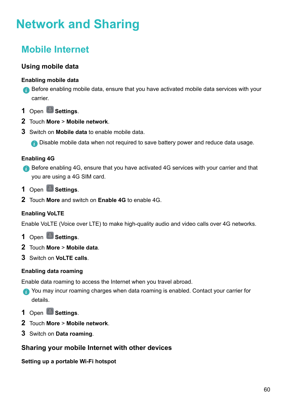 Network and sharing, Mobile internet, Using mobile data | Enabling mobile data, Enabling 4g, Enabling volte, Enabling data roaming, Sharing your mobile internet with other devices, Setting up a portable wi-fi hotspot | Huawei Mate 9 User Manual | Page 66 / 205