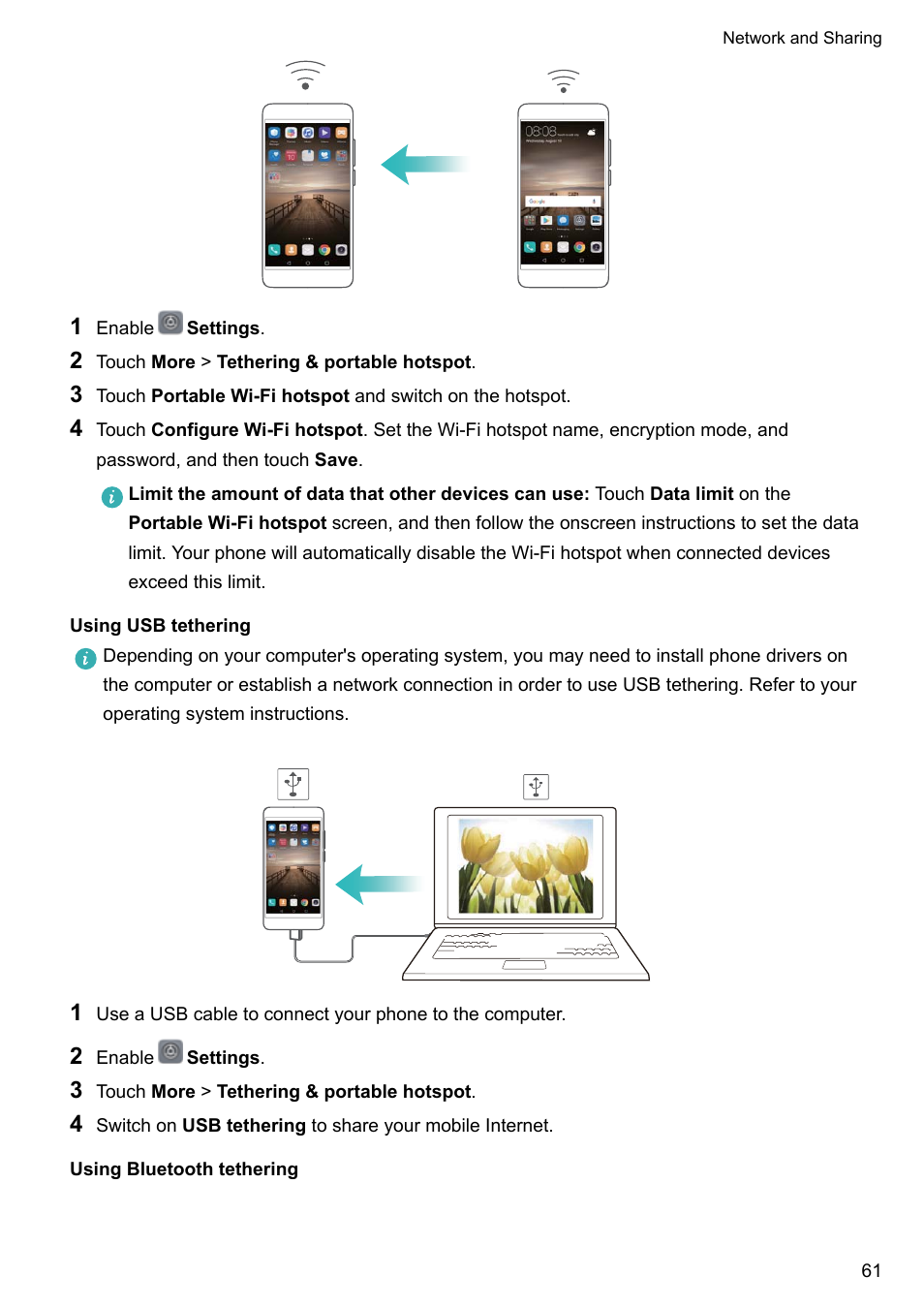 Using usb tethering, Using bluetooth tethering | Huawei Mate 9 User Manual | Page 67 / 205