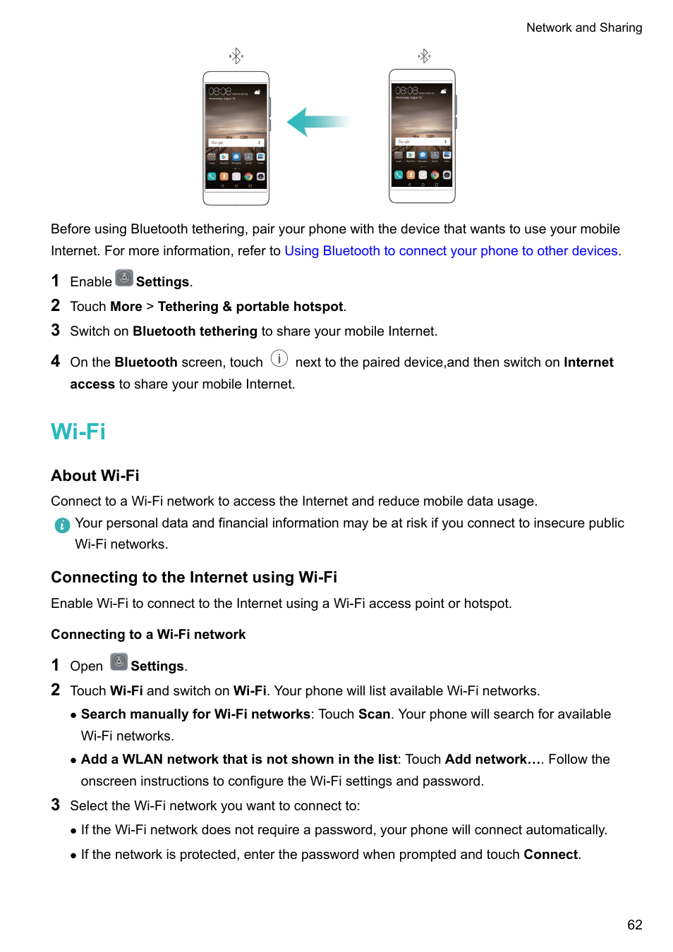 Wi-fi, About wi-fi, Connecting to the internet using wi-fi | Connecting to a wi-fi network | Huawei Mate 9 User Manual | Page 68 / 205