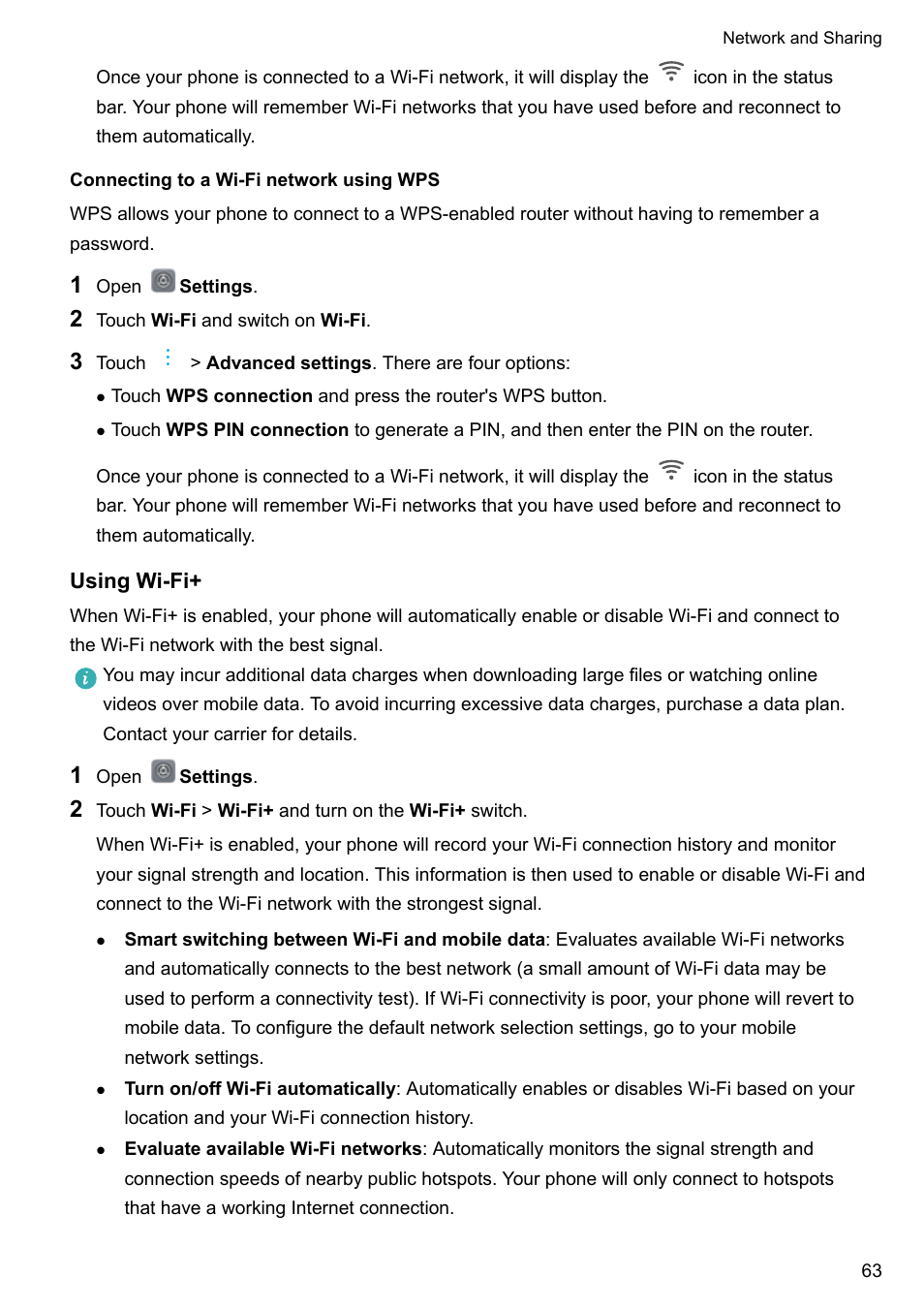 Connecting to a wi-fi network using wps, Using wi-fi | Huawei Mate 9 User Manual | Page 69 / 205