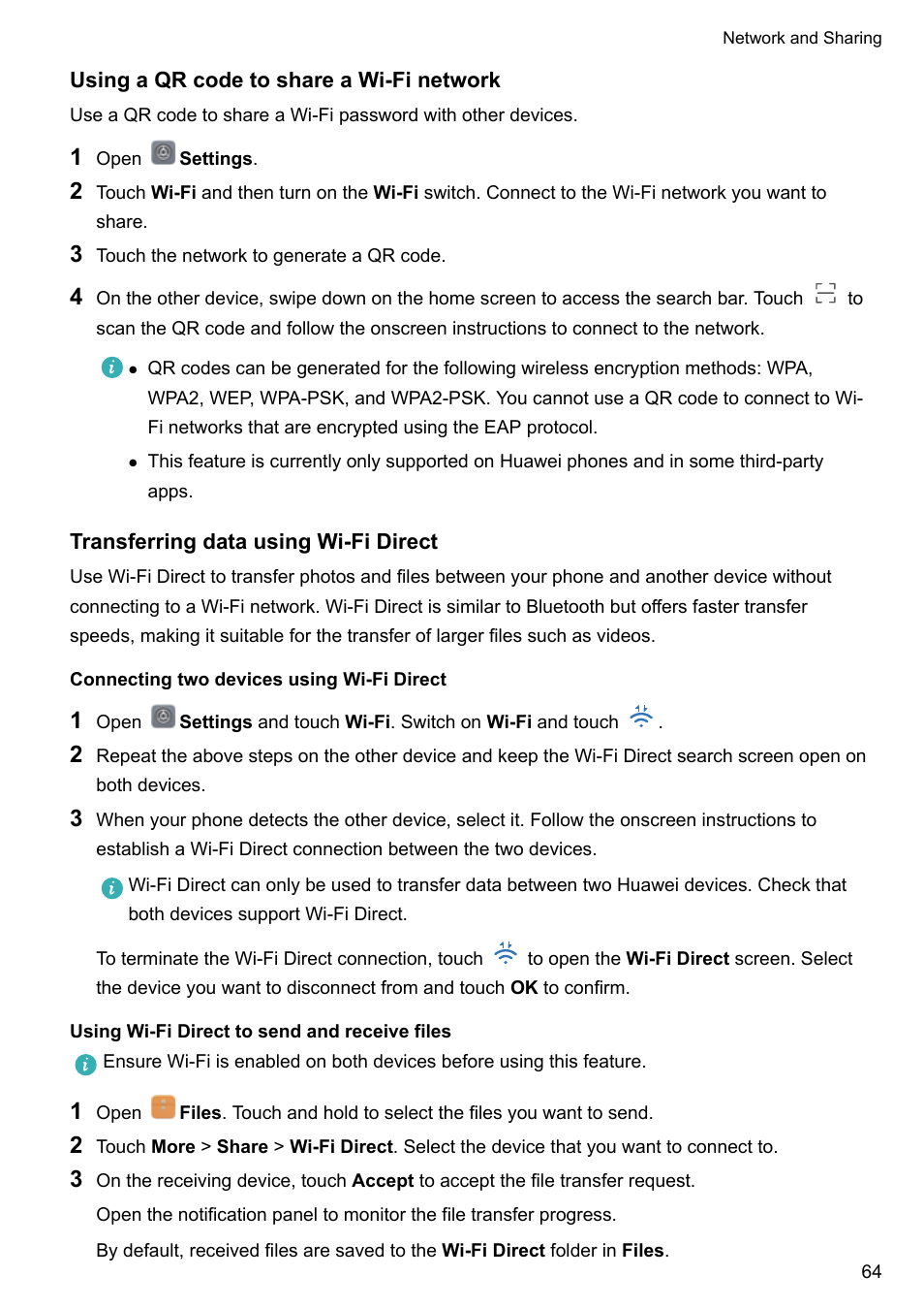 Using a qr code to share a wi-fi network, Transferring data using wi-fi direct, Connecting two devices using wi-fi direct | Using wi-fi direct to send and receive files | Huawei Mate 9 User Manual | Page 70 / 205