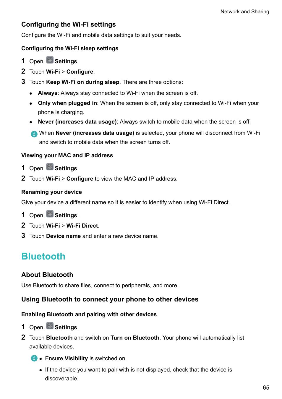 Configuring the wi-fi settings, Configuring the wi-fi sleep settings, Viewing your mac and ip address | Renaming your device, Bluetooth, About bluetooth, Enabling bluetooth and pairing with other devices | Huawei Mate 9 User Manual | Page 71 / 205