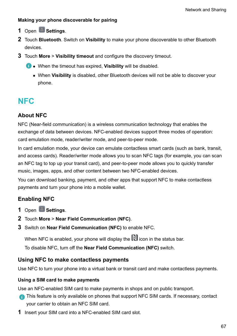 Making your phone discoverable for pairing, About nfc, Enabling nfc | Using nfc to make contactless payments, Using a sim card to make payments | Huawei Mate 9 User Manual | Page 73 / 205