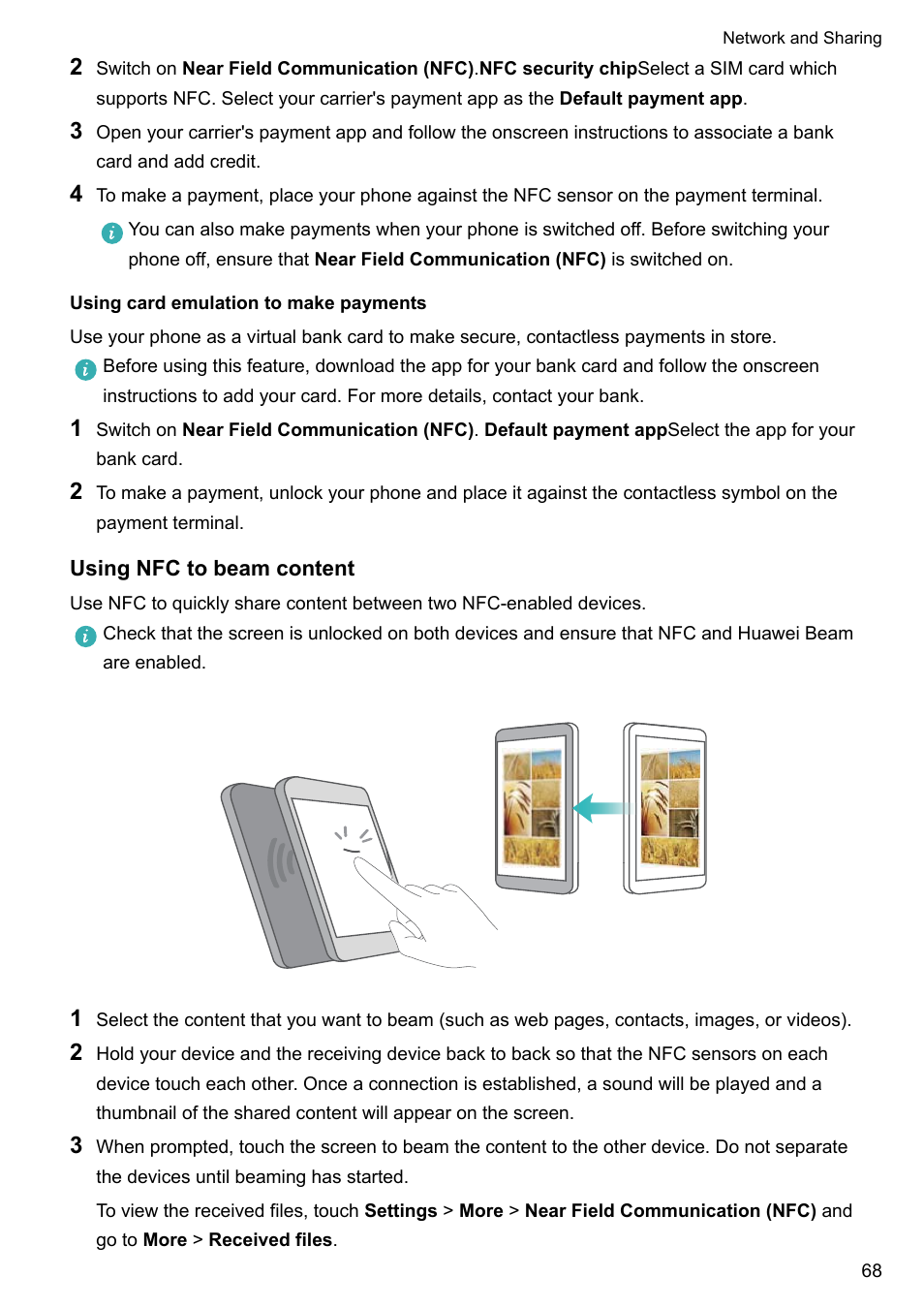 Using card emulation to make payments, Using nfc to beam content | Huawei Mate 9 User Manual | Page 74 / 205