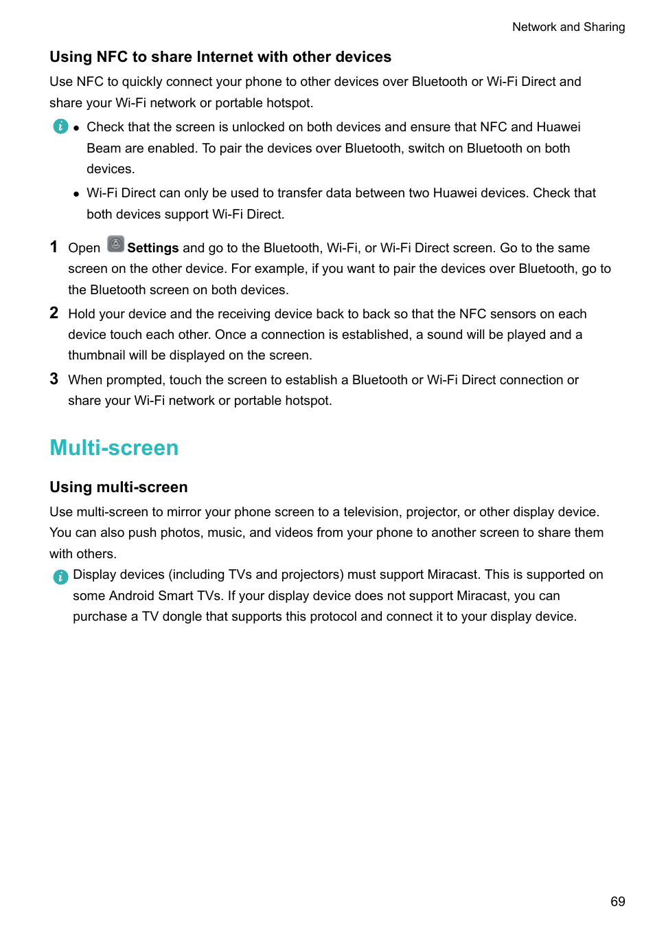 Using nfc to share internet with other devices, Multi-screen, Using multi-screen | Huawei Mate 9 User Manual | Page 75 / 205