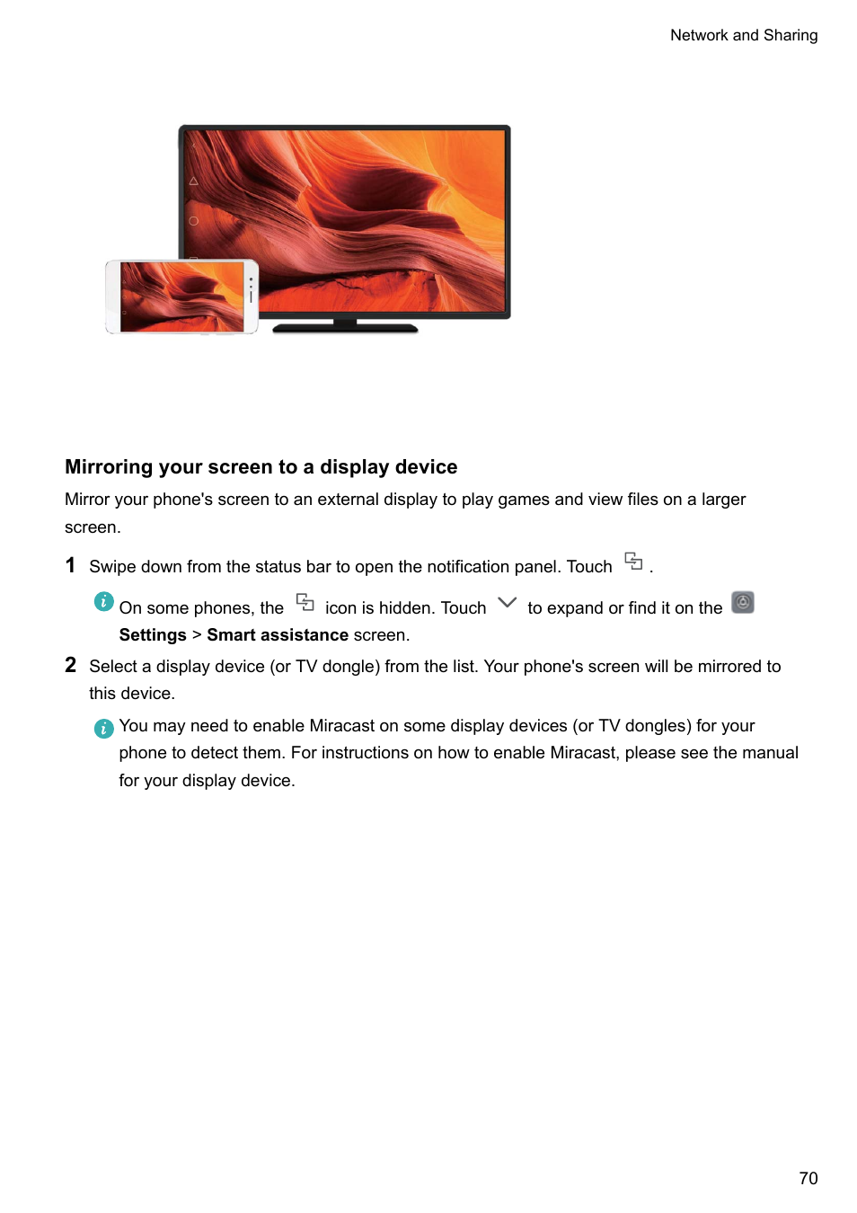 Mirroring your screen to a display device | Huawei Mate 9 User Manual | Page 76 / 205