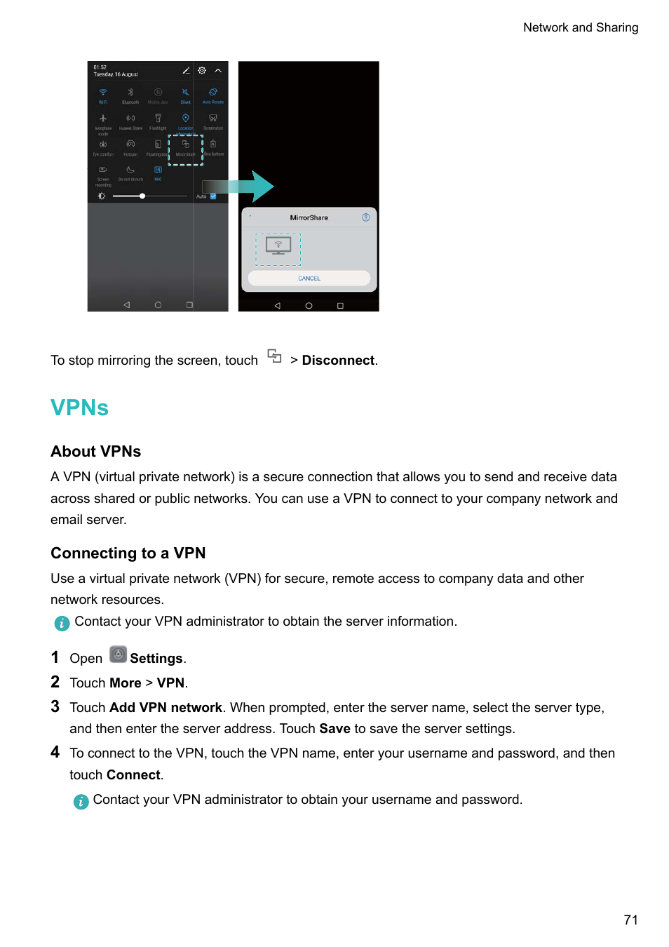 Vpns, About vpns, Connecting to a vpn | Huawei Mate 9 User Manual | Page 77 / 205