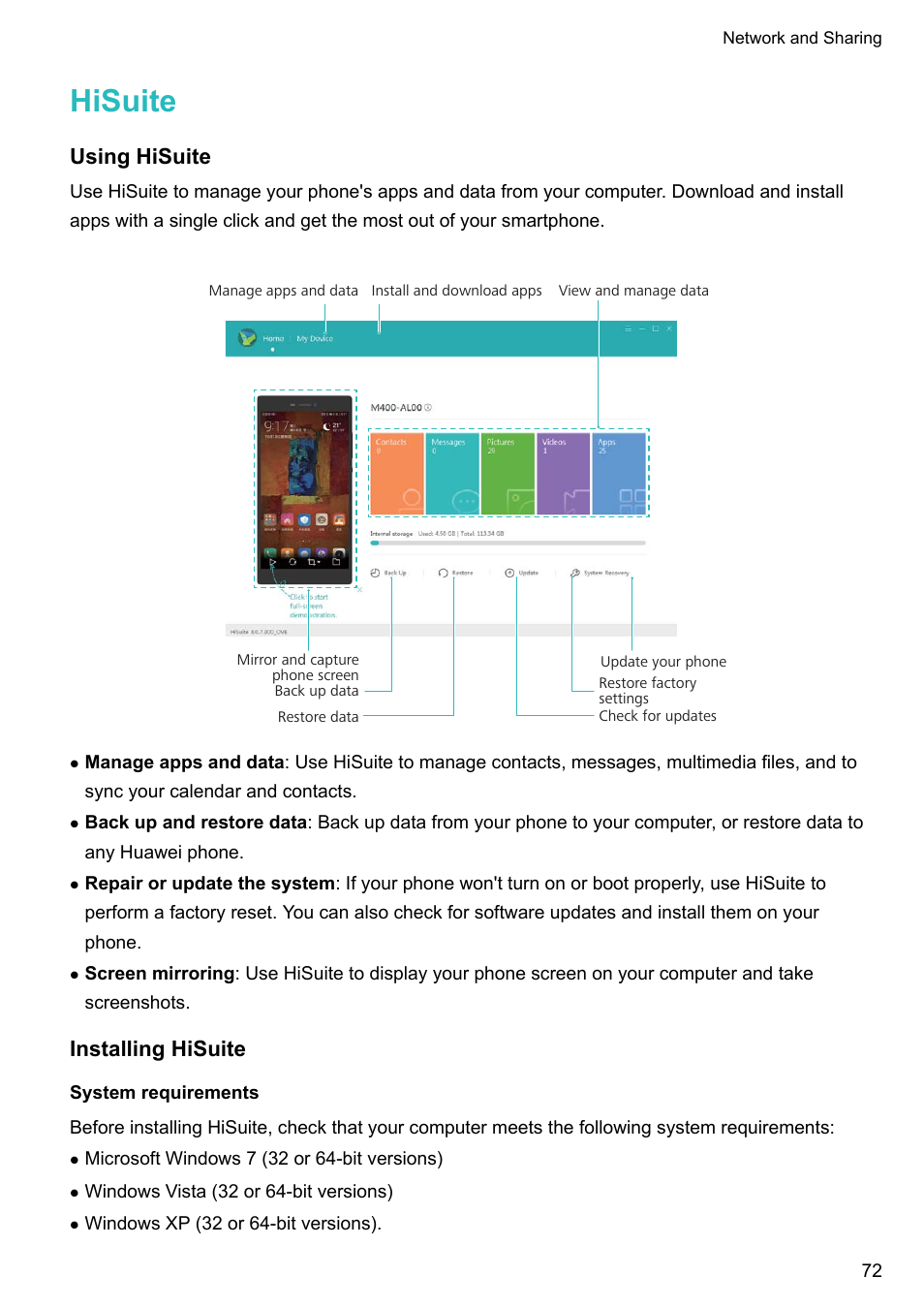 Hisuite, Using hisuite, Installing hisuite | System requirements | Huawei Mate 9 User Manual | Page 78 / 205