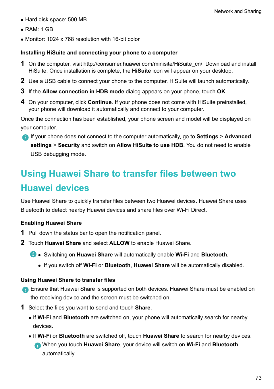 Enabling huawei share, Using huawei share to transfer files | Huawei Mate 9 User Manual | Page 79 / 205