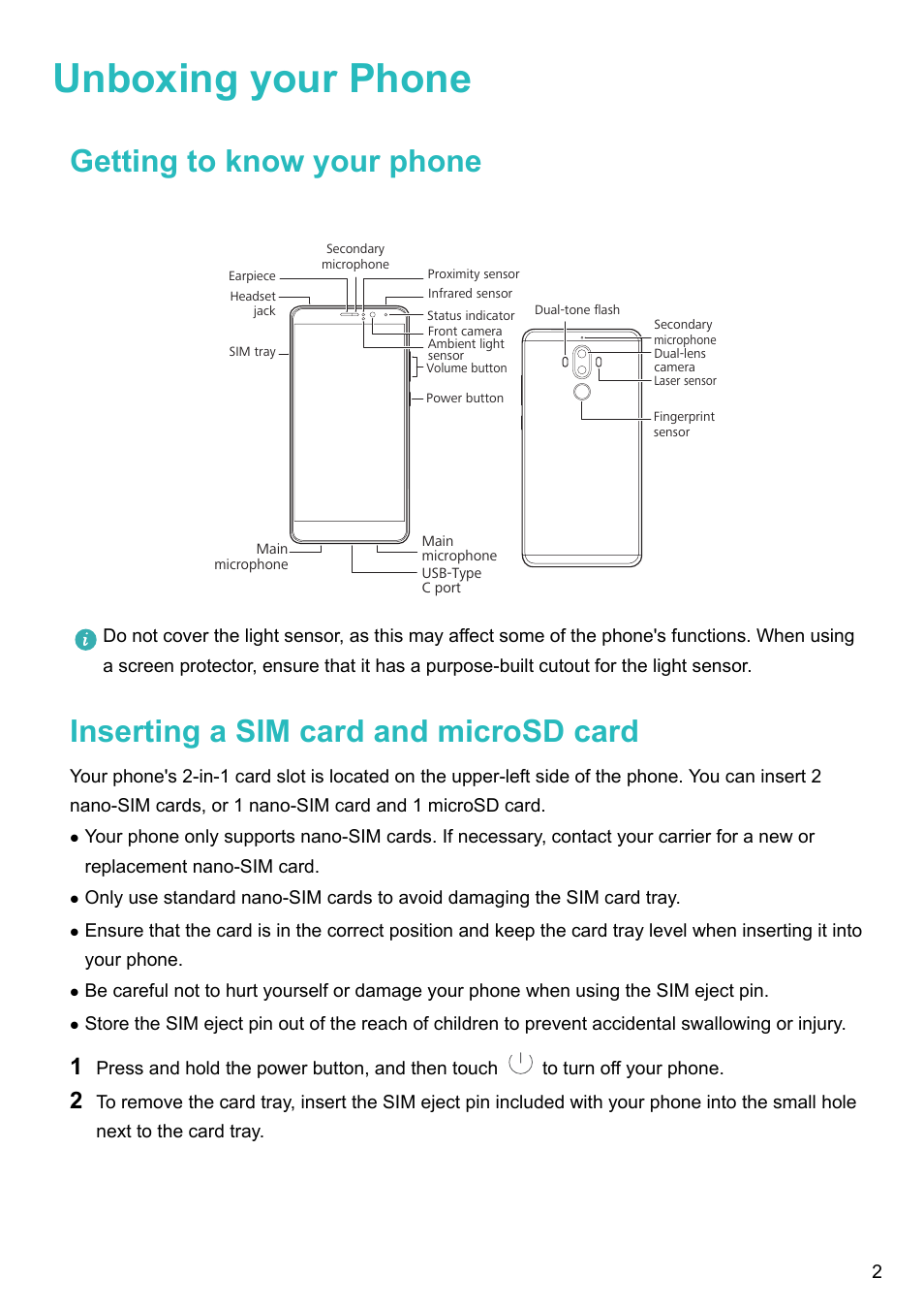 Unboxing your phone, Getting to know your phone, Inserting a sim card and microsd card | Huawei Mate 9 User Manual | Page 8 / 205