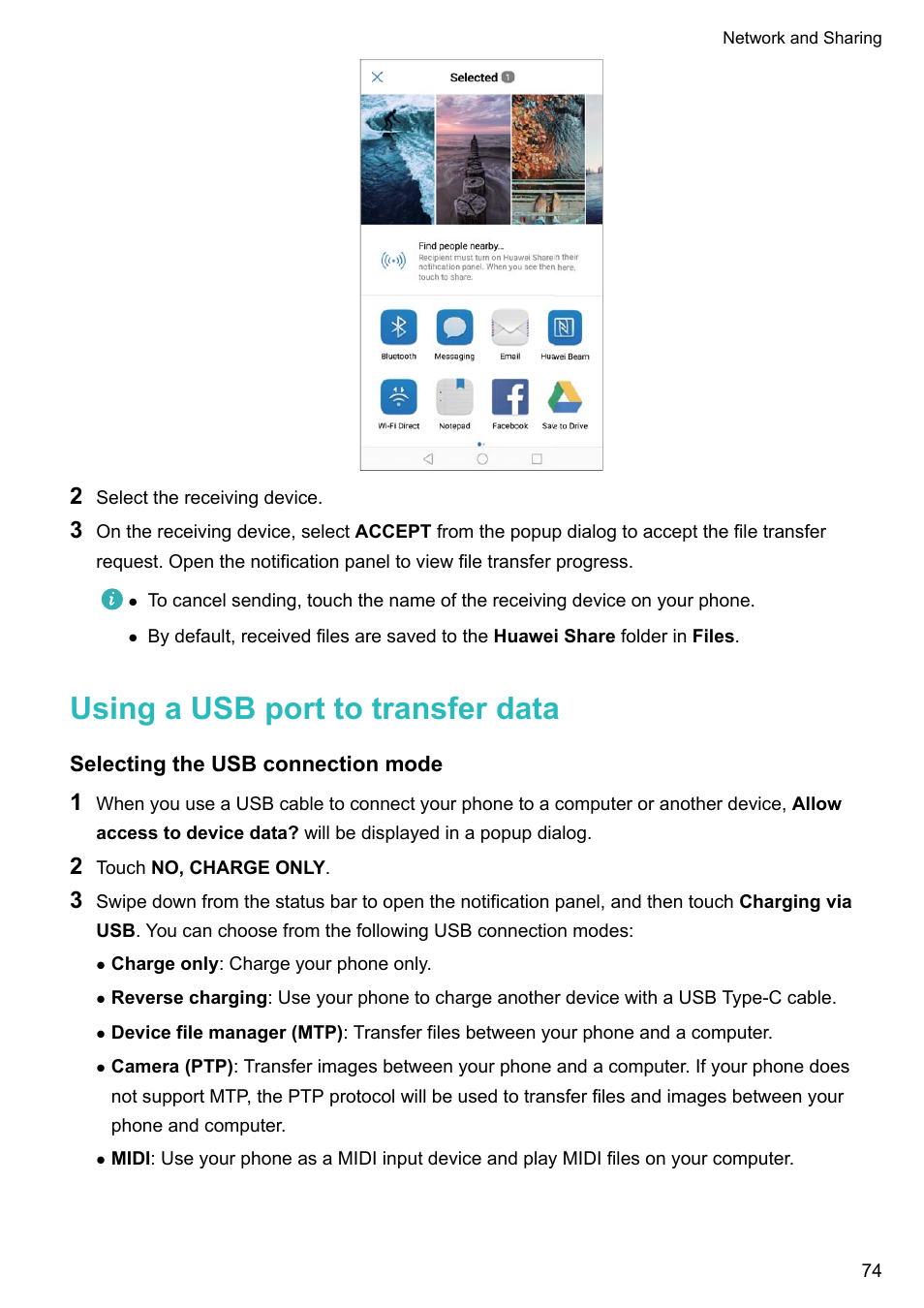 Using a usb port to transfer data, Selecting the usb connection mode | Huawei Mate 9 User Manual | Page 80 / 205