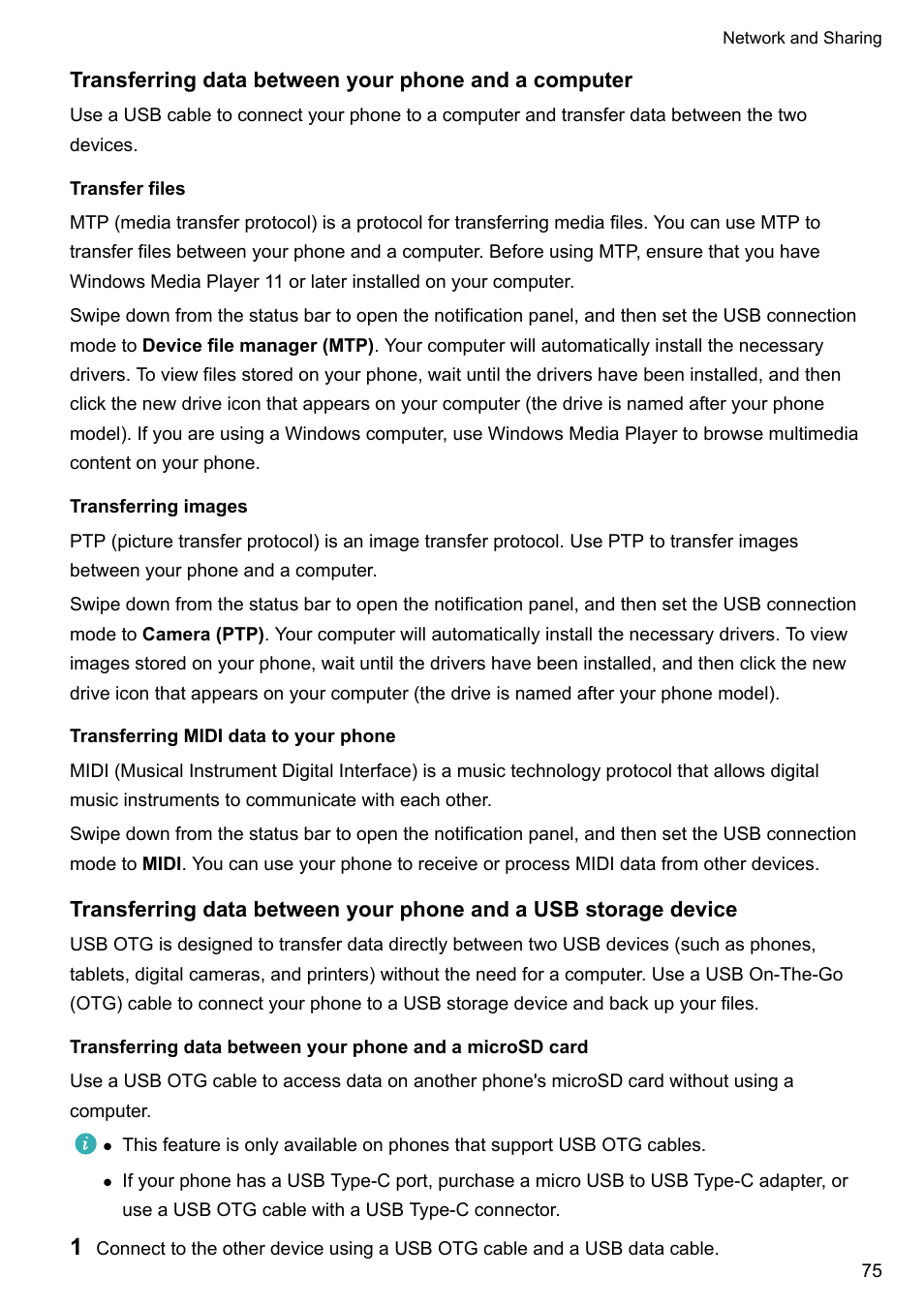 Transfer files, Transferring images, Transferring midi data to your phone | Huawei Mate 9 User Manual | Page 81 / 205