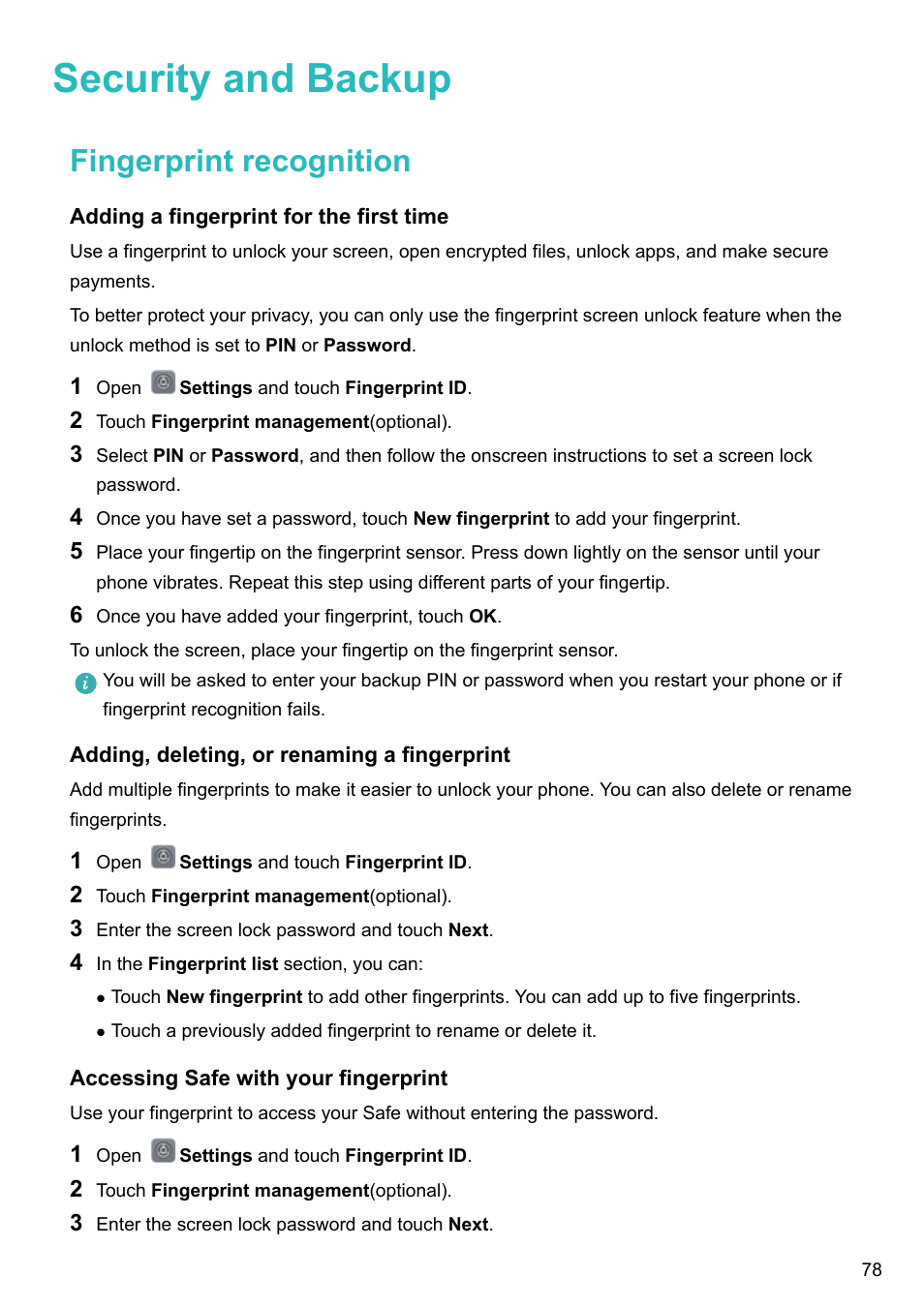 Security and backup, Fingerprint recognition, Adding a fingerprint for the first time | Adding, deleting, or renaming a fingerprint, Accessing safe with your fingerprint | Huawei Mate 9 User Manual | Page 84 / 205