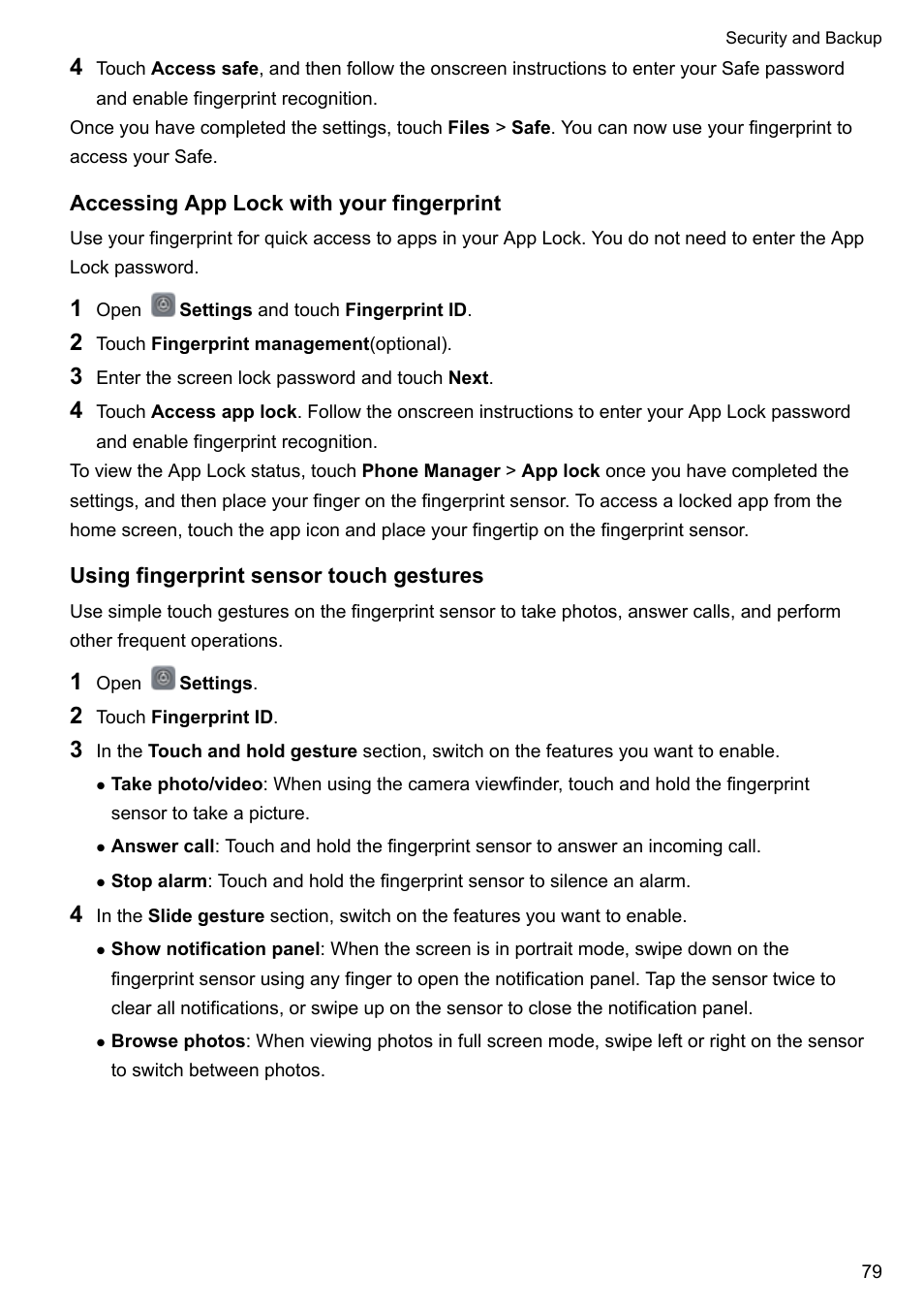 Accessing app lock with your fingerprint, Using fingerprint sensor touch gestures | Huawei Mate 9 User Manual | Page 85 / 205