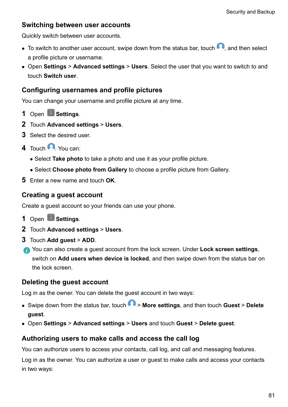 Switching between user accounts, Configuring usernames and profile pictures, Creating a guest account | Deleting the guest account | Huawei Mate 9 User Manual | Page 87 / 205