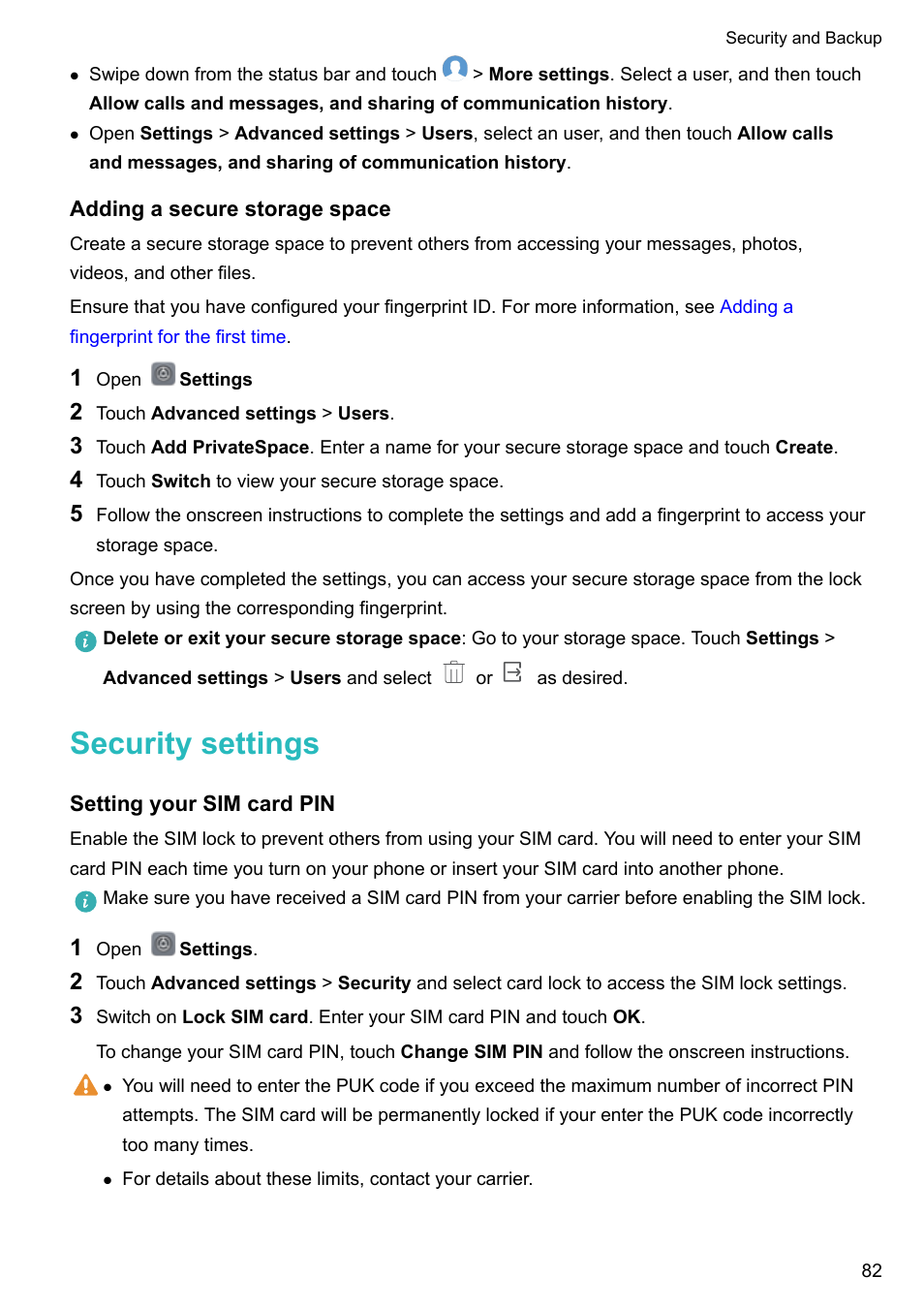 Adding a secure storage space, Security settings, Setting your sim card pin | Huawei Mate 9 User Manual | Page 88 / 205