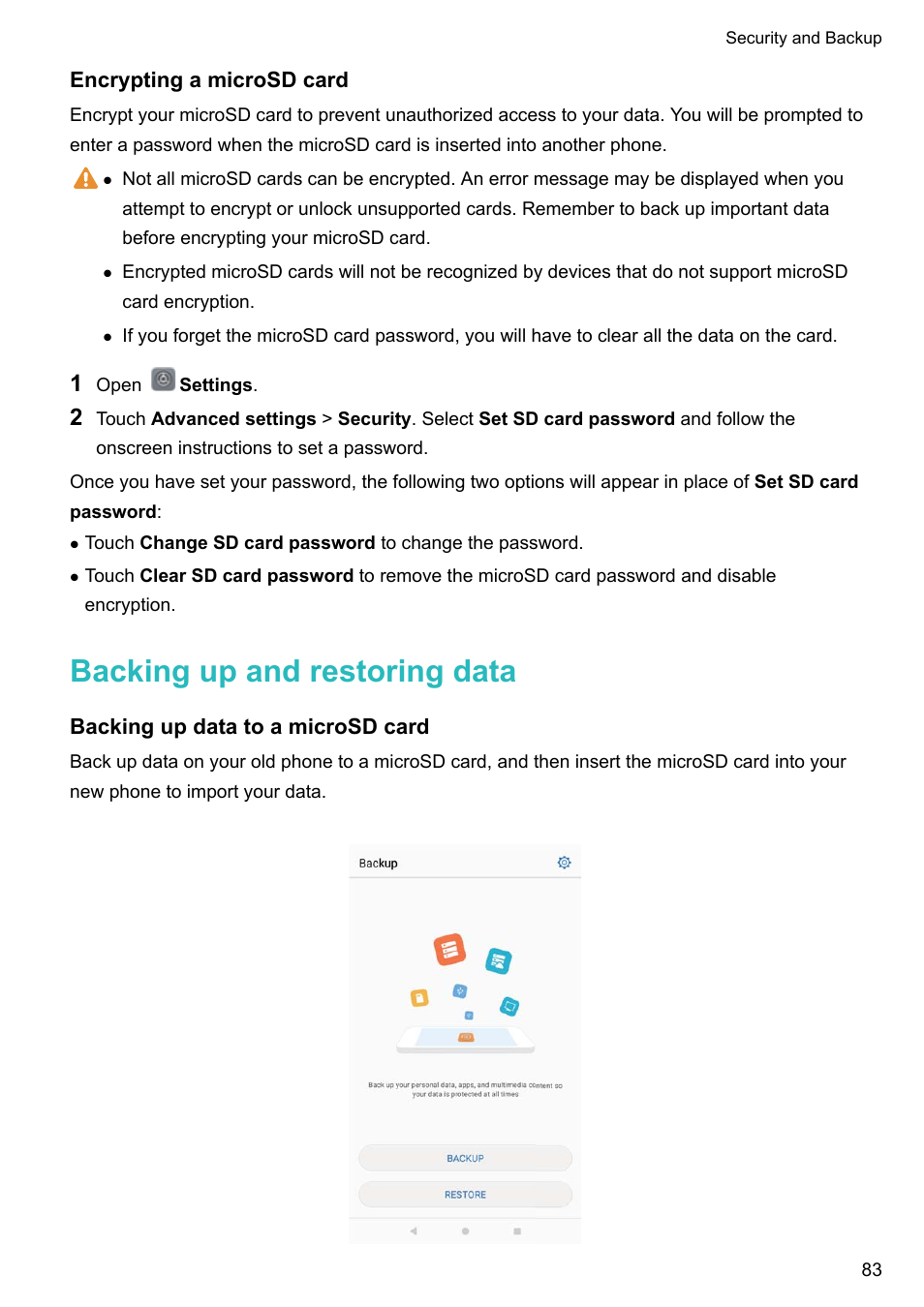 Encrypting a microsd card, Backing up and restoring data, Backing up data to a microsd card | Huawei Mate 9 User Manual | Page 89 / 205