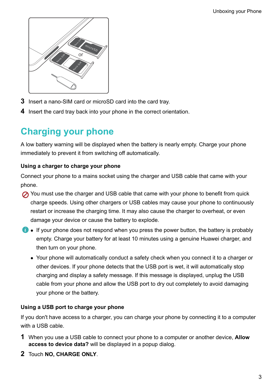 Charging your phone, Using a charger to charge your phone, Using a usb port to charge your phone | Touch no, charge only | Huawei Mate 9 User Manual | Page 9 / 205