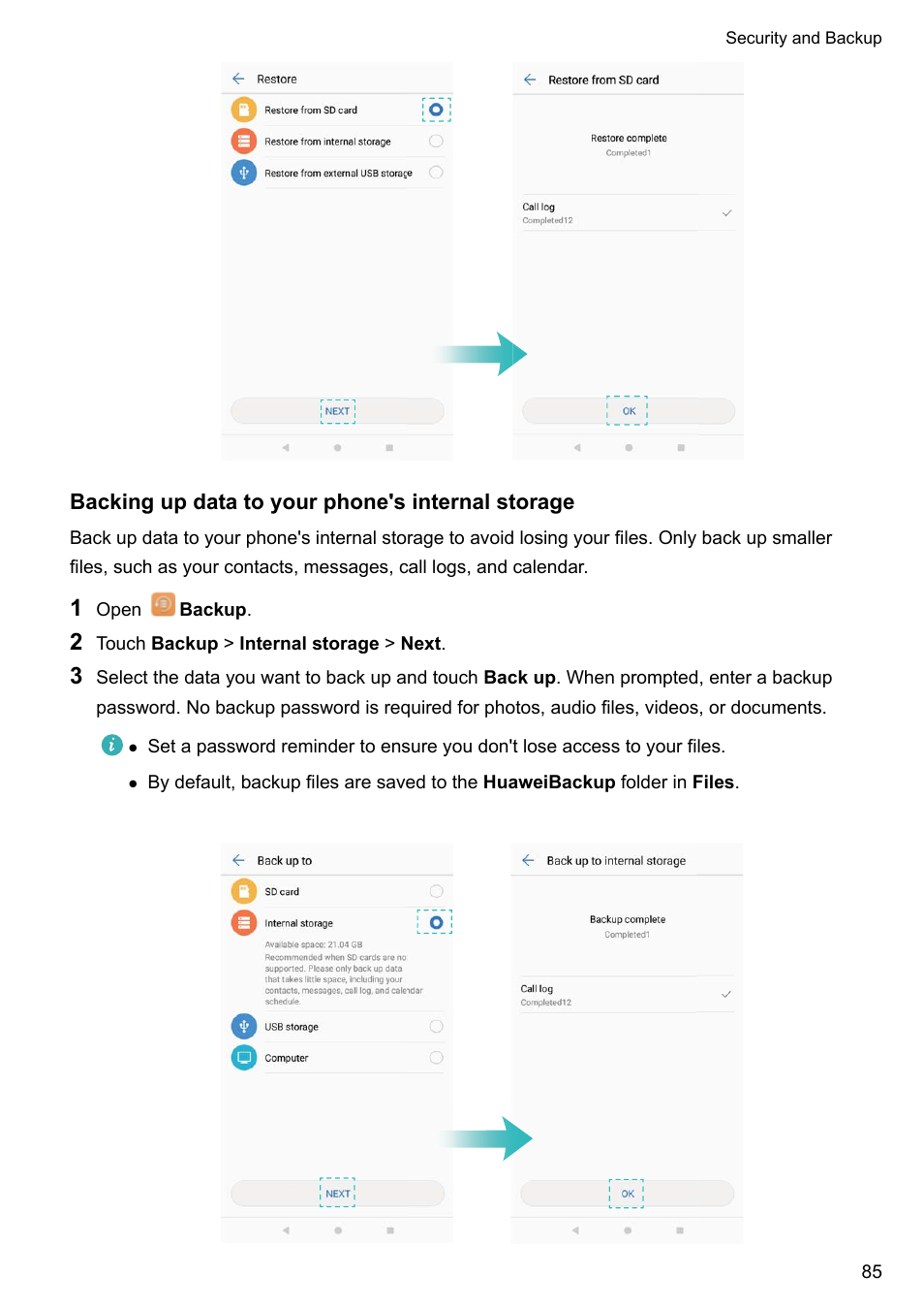 Backing up data to your phone's internal storage | Huawei Mate 9 User Manual | Page 91 / 205