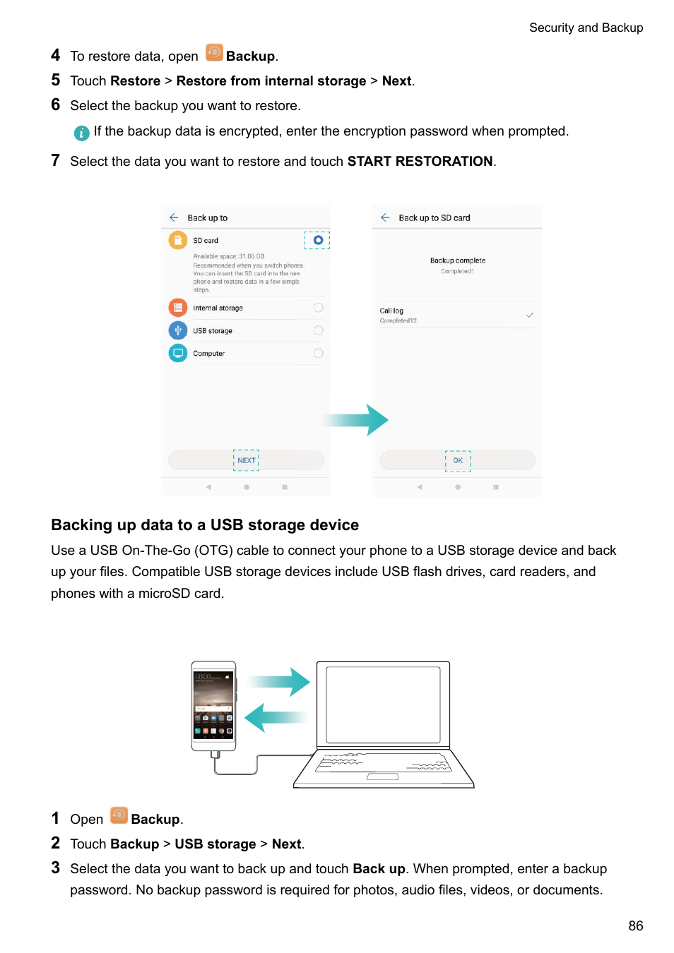 Backing up data to a usb storage device | Huawei Mate 9 User Manual | Page 92 / 205