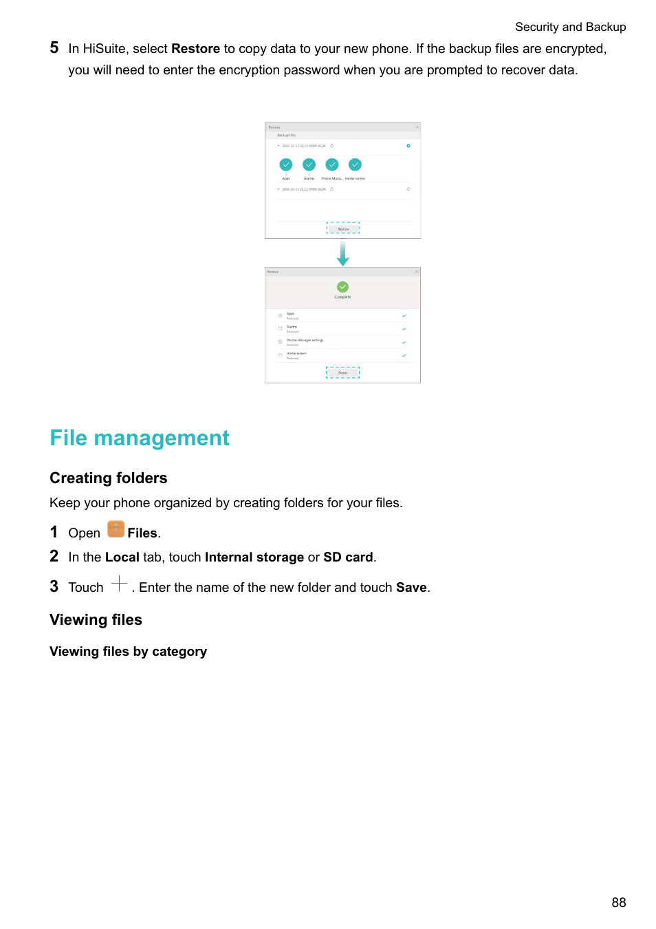 File management, Creating folders, Viewing files | Viewing files by category | Huawei Mate 9 User Manual | Page 94 / 205