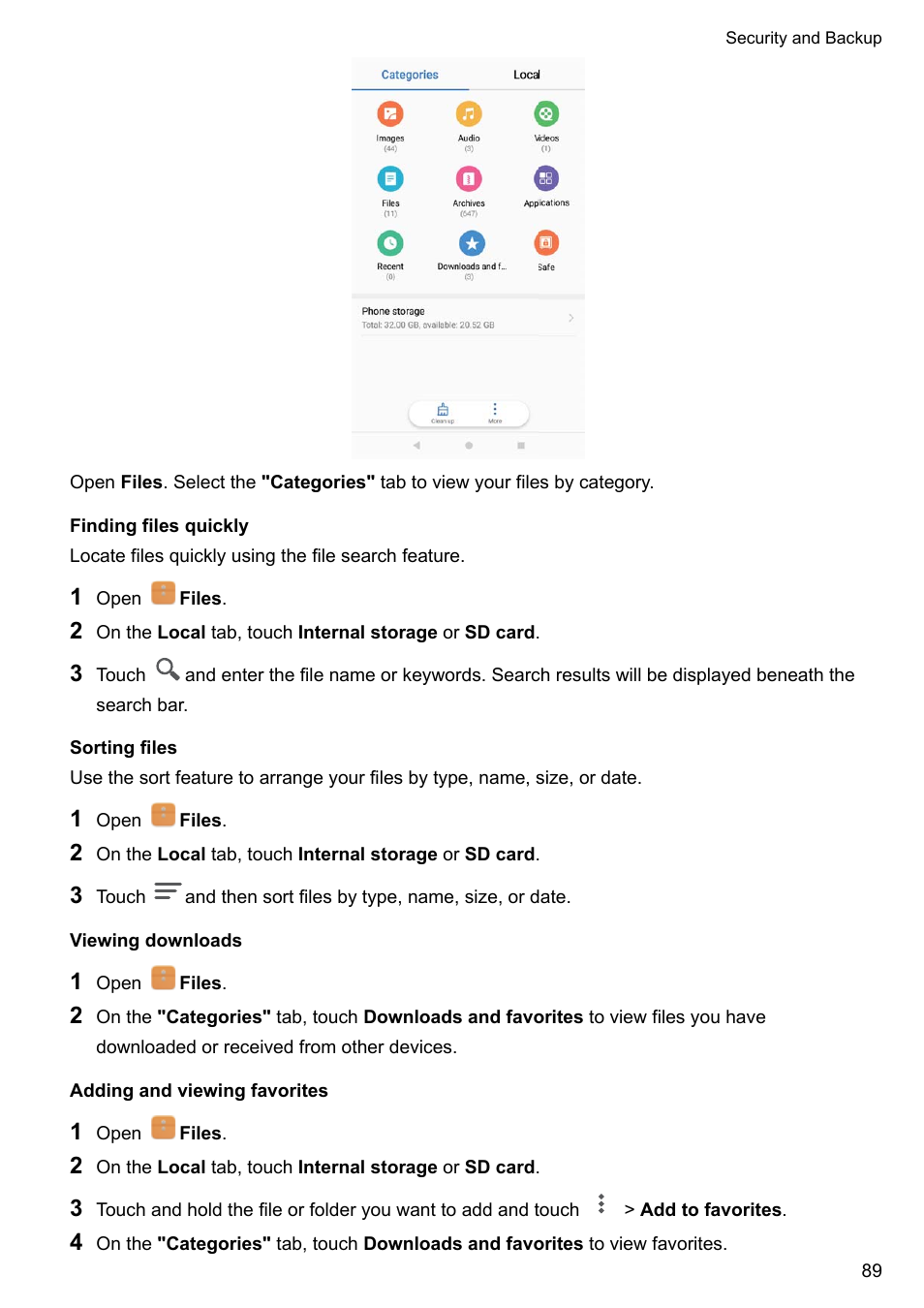 Finding files quickly, Sorting files, Viewing downloads | Adding and viewing favorites | Huawei Mate 9 User Manual | Page 95 / 205