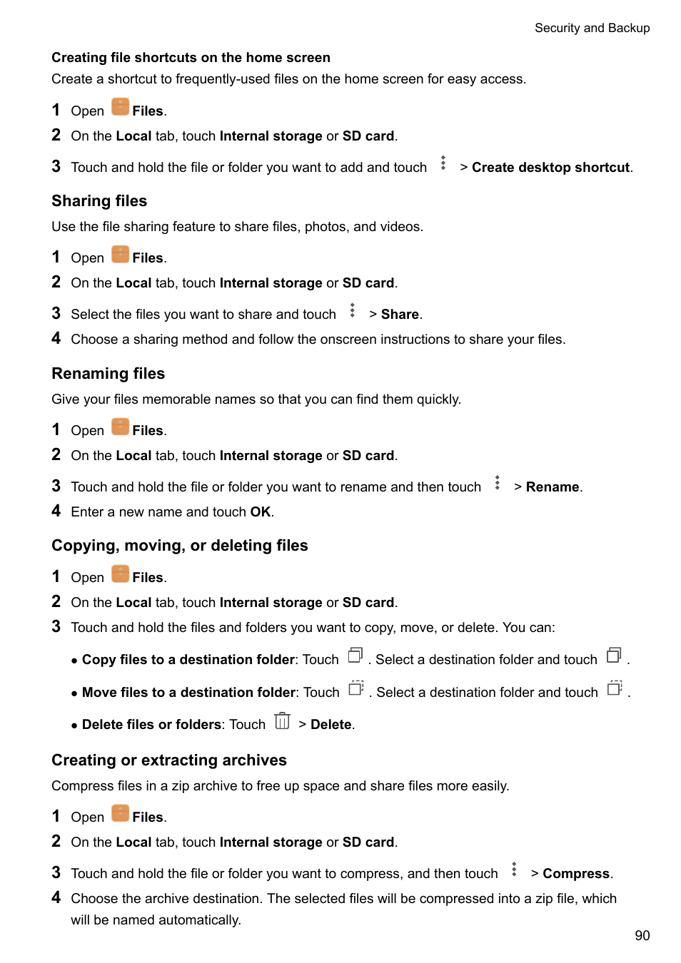 Creating file shortcuts on the home screen, Sharing files, Renaming files | Copying, moving, or deleting files, Creating or extracting archives | Huawei Mate 9 User Manual | Page 96 / 205