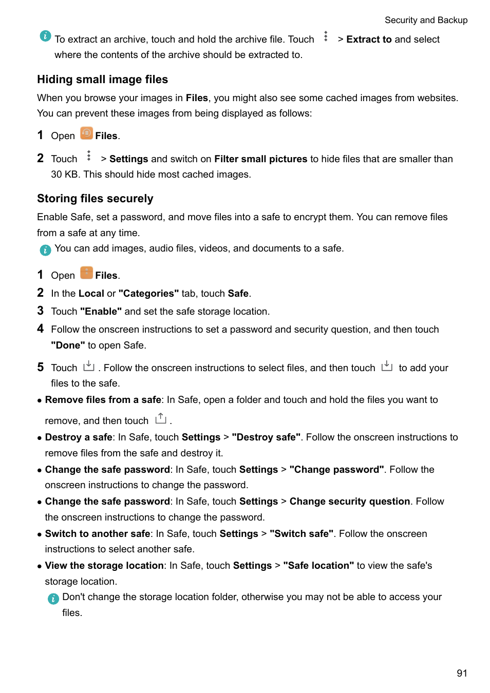 Hiding small image files, Storing files securely | Huawei Mate 9 User Manual | Page 97 / 205