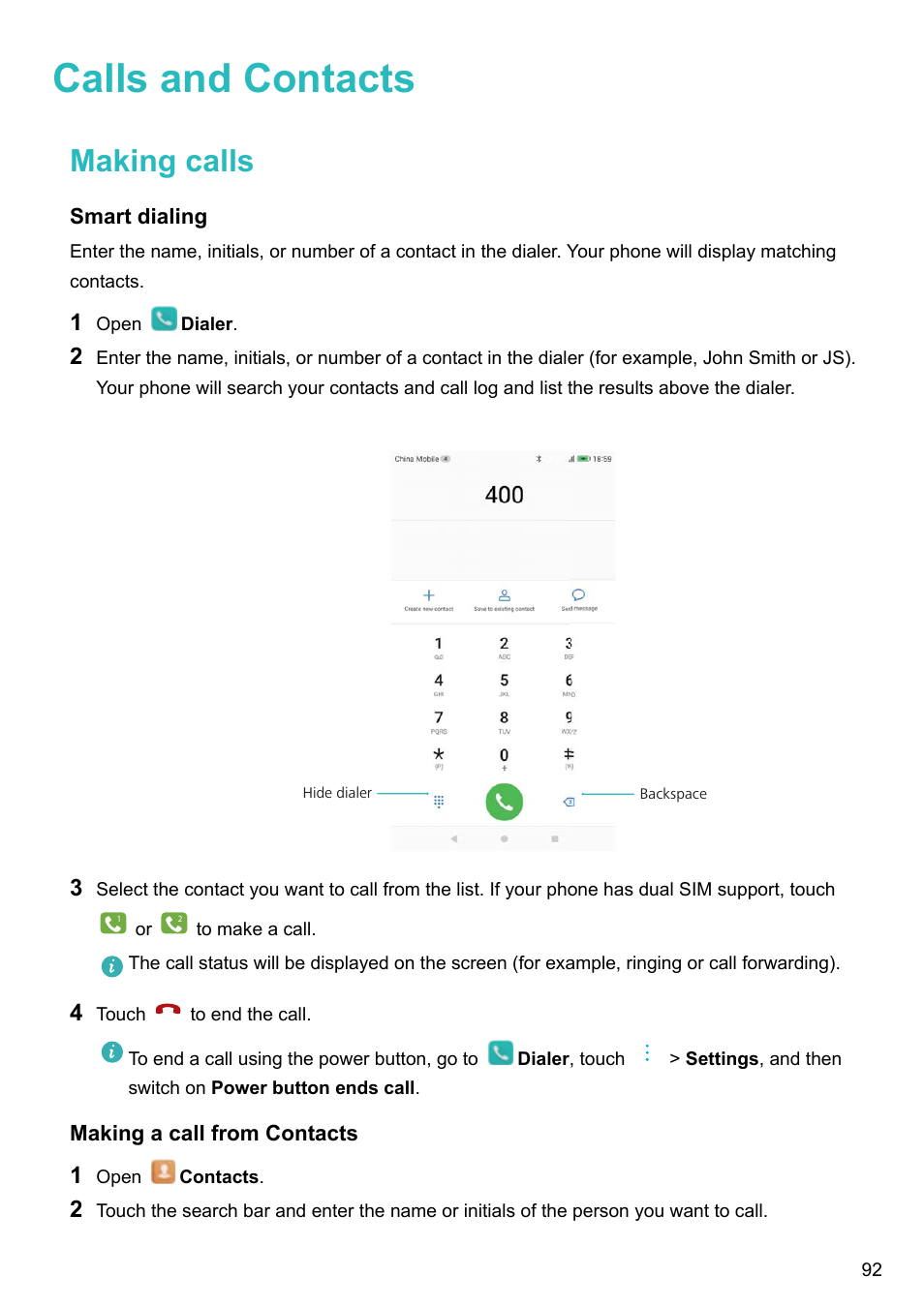 Calls and contacts, Making calls, Smart dialing | Making a call from contacts | Huawei Mate 9 User Manual | Page 98 / 205