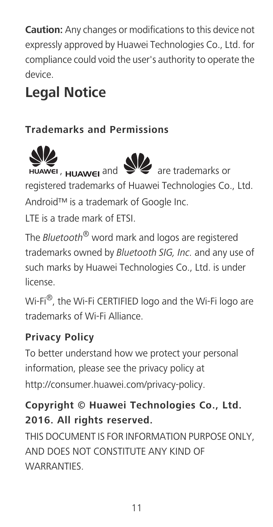 Legal notice, Trademarks and permissions, Privacy policy | Huawei Mate 9 User Manual | Page 15 / 100