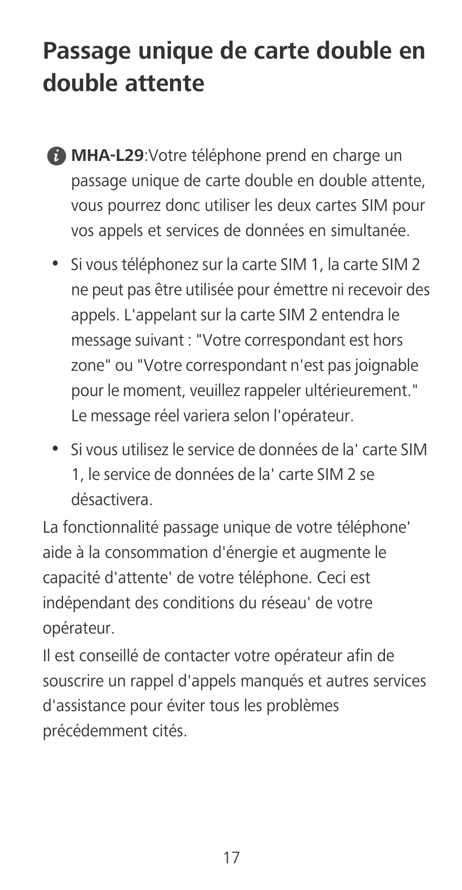 Passage unique de carte double en double attente | Huawei Mate 9 User Manual | Page 21 / 100