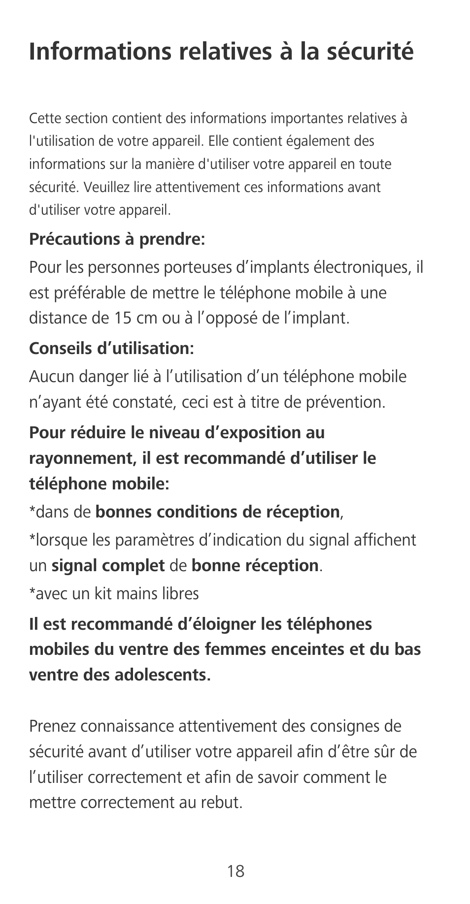 Informations relatives à la sécurité | Huawei Mate 9 User Manual | Page 22 / 100