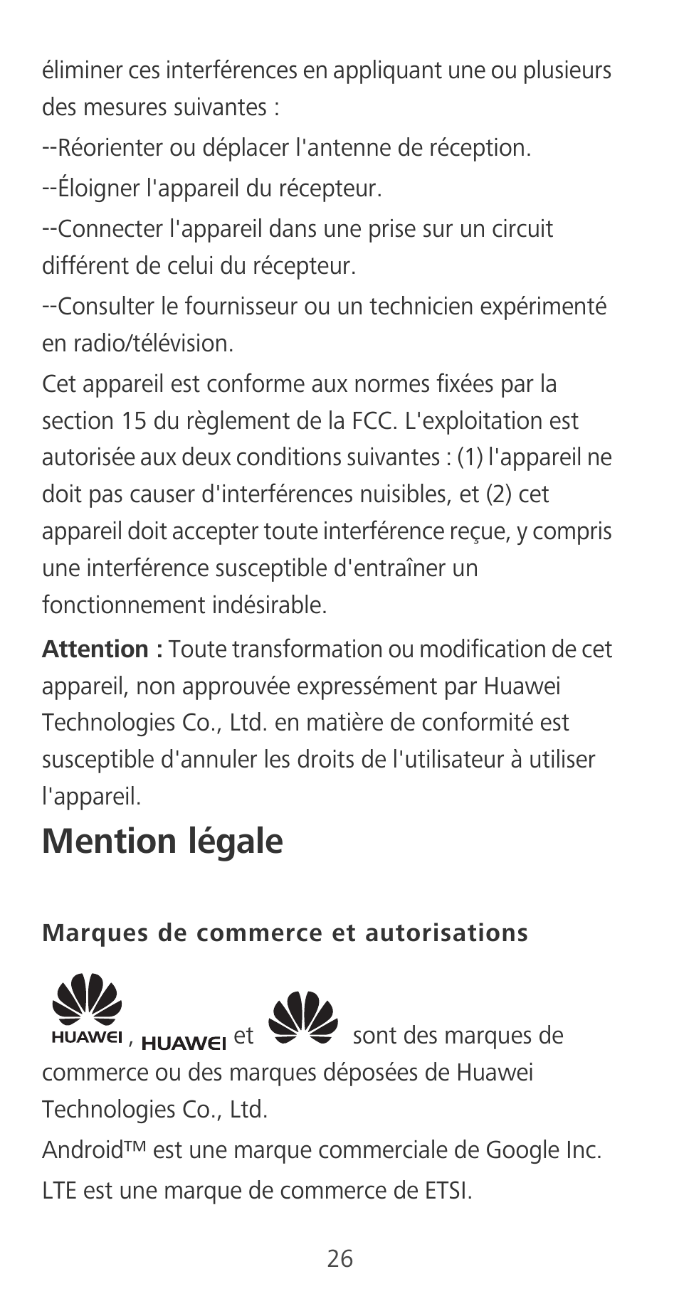 Mention légale, Marques de commerce et autorisations | Huawei Mate 9 User Manual | Page 30 / 100