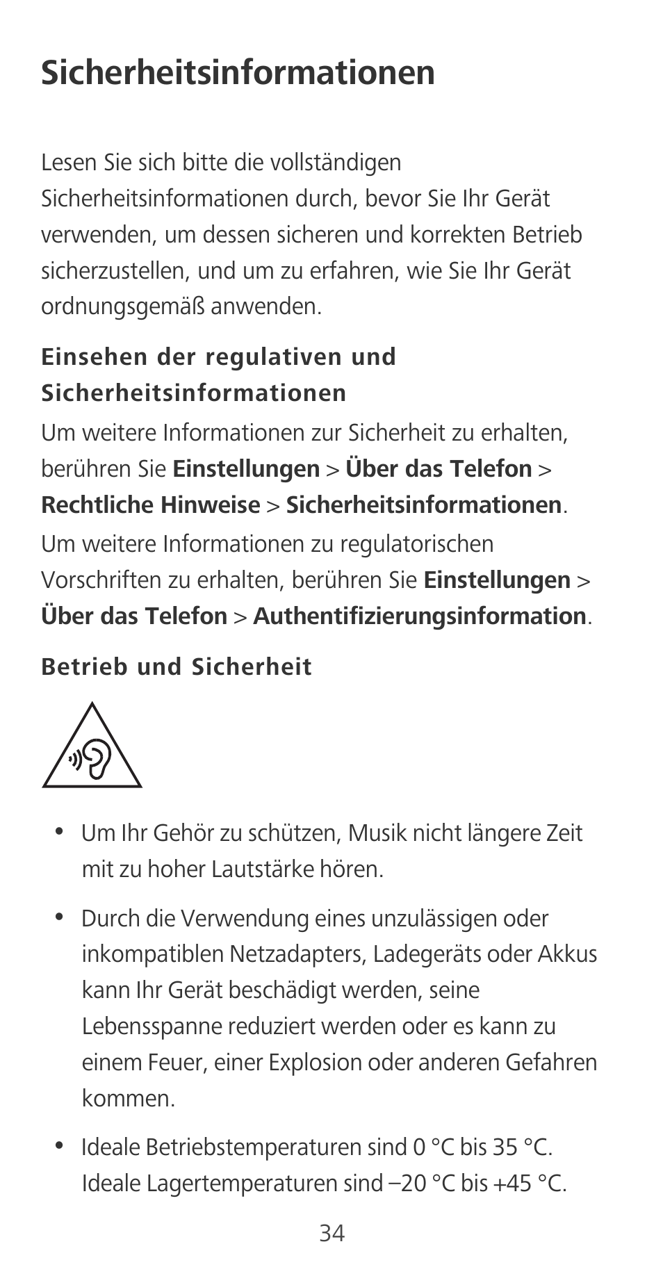 Sicherheitsinformationen, Betrieb und sicherheit | Huawei Mate 9 User Manual | Page 38 / 100
