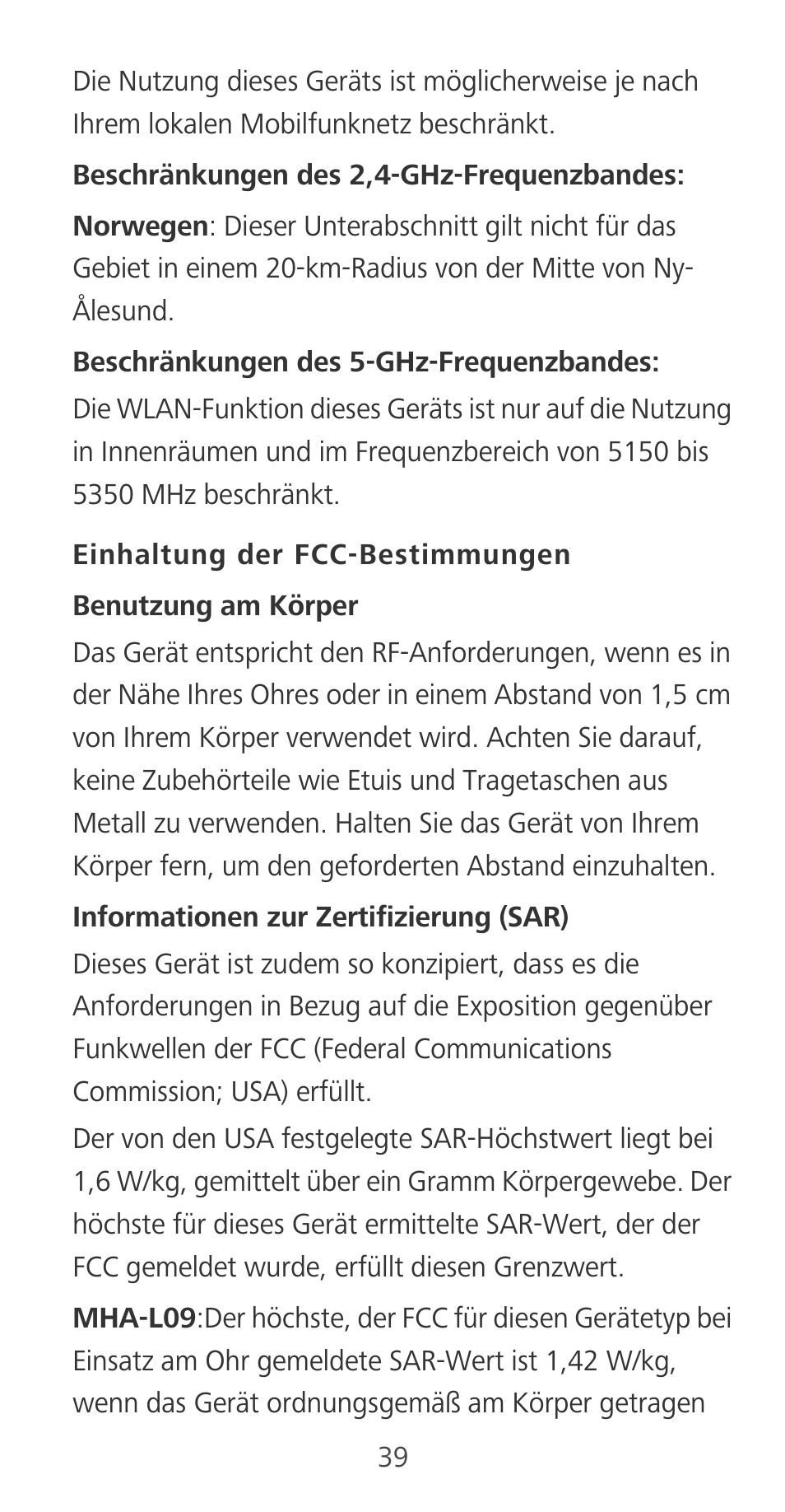 Einhaltung der fcc-bestimmungen | Huawei Mate 9 User Manual | Page 43 / 100