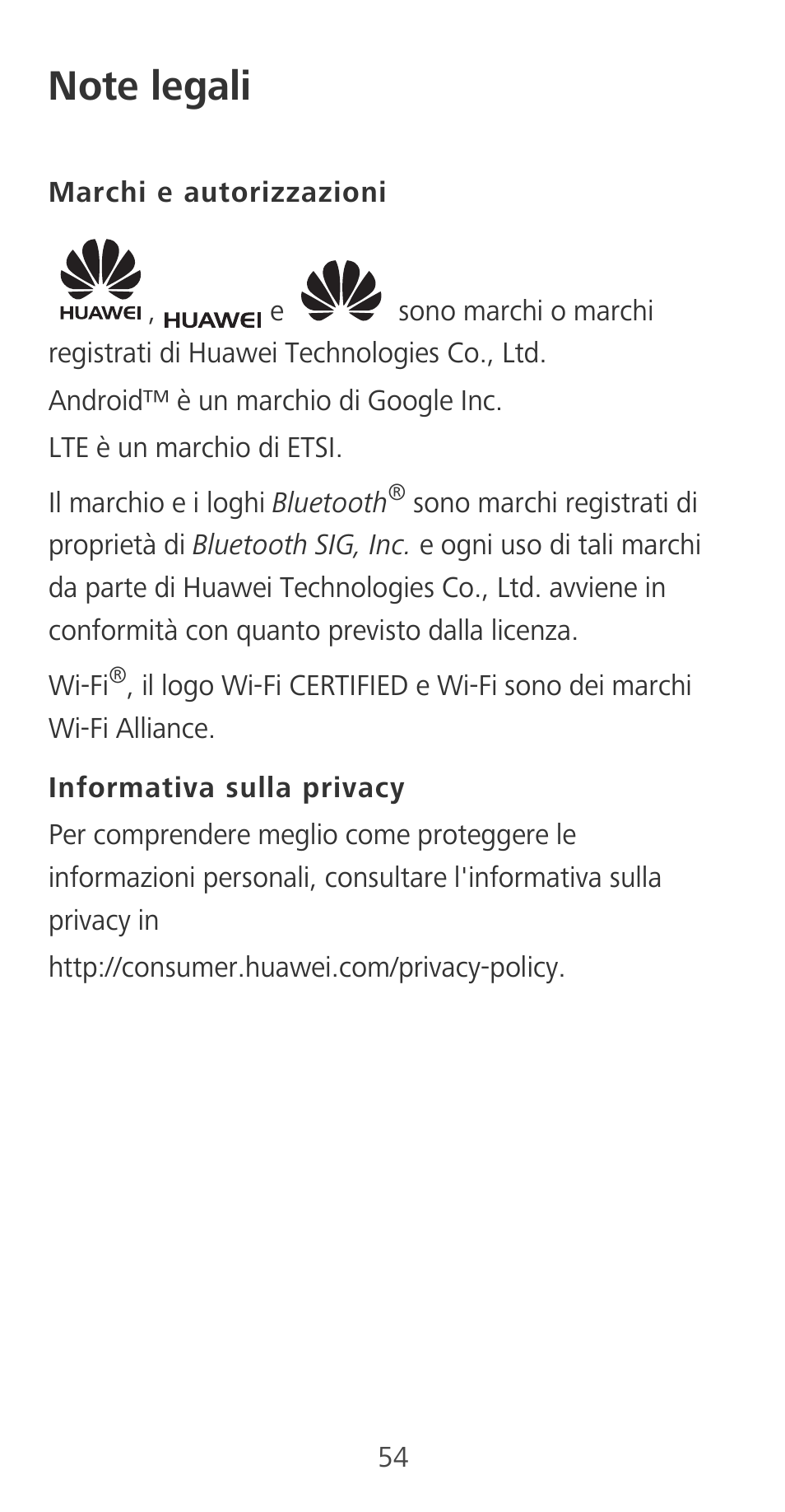 Note legali, Marchi e autorizzazioni, Informativa sulla privacy | Huawei Mate 9 User Manual | Page 58 / 100
