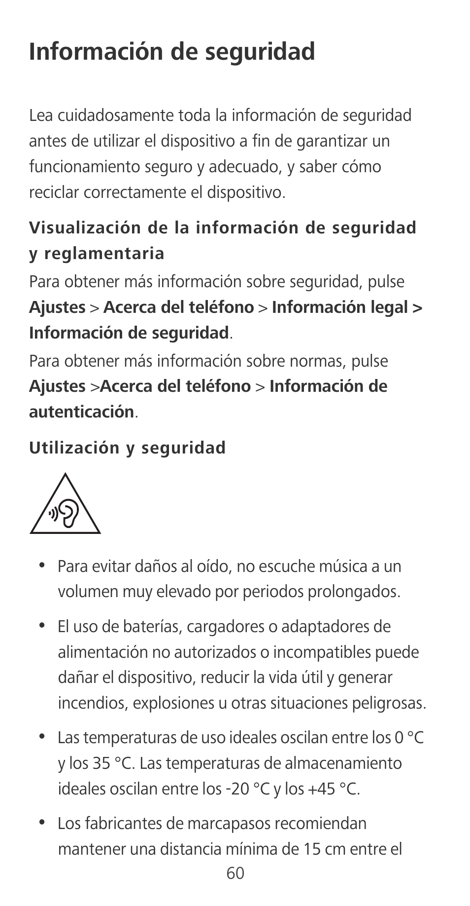 Información de seguridad, Operación y seguridad | Huawei Mate 9 User Manual | Page 64 / 100